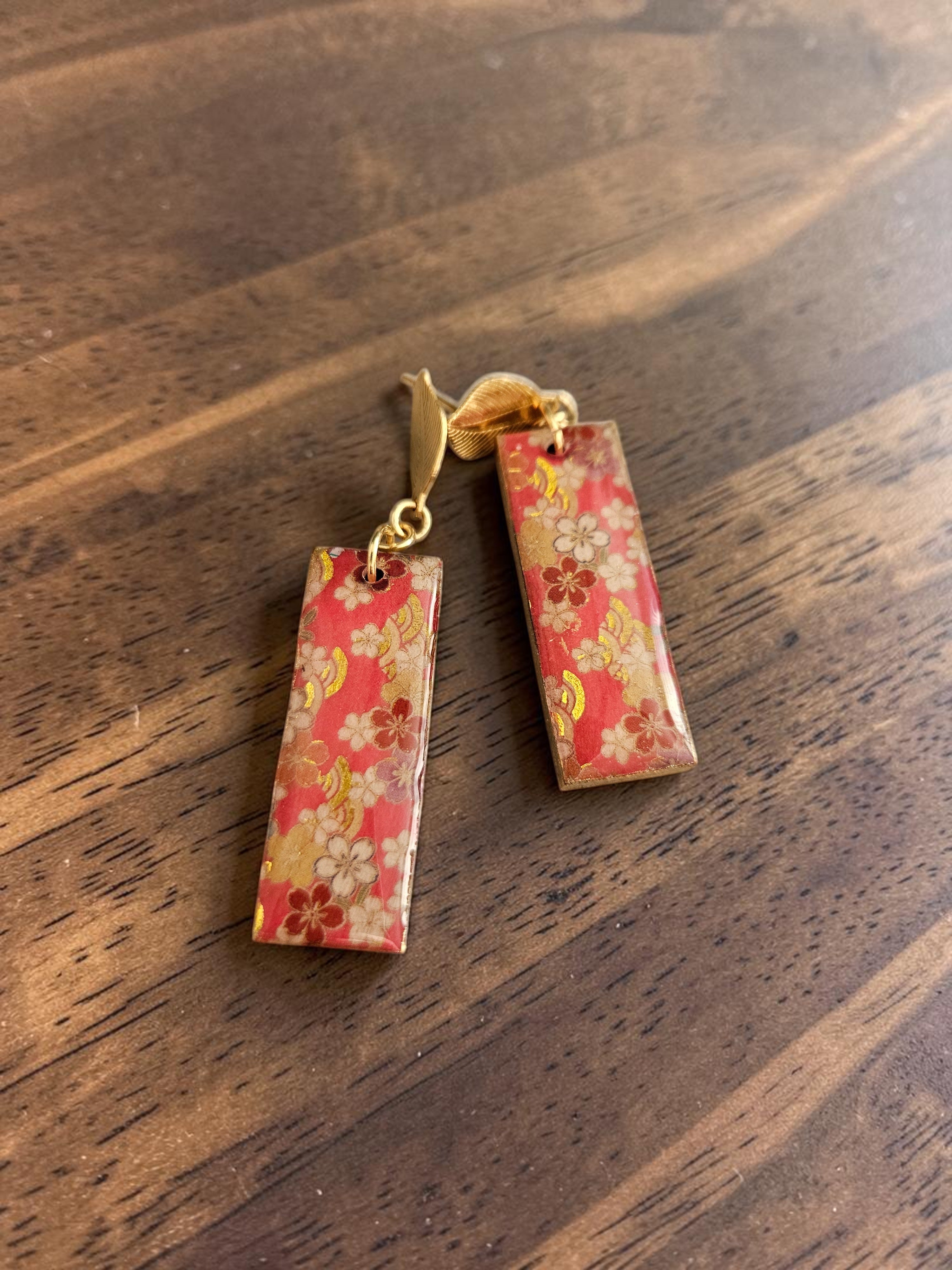 Unique Japanese Chiyogami Paper Earrings - Deep Pink Gold White Floral