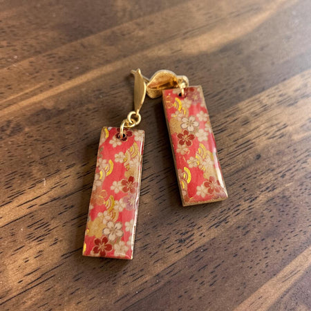 Unique Japanese Chiyogami Paper Earrings - Deep Pink Gold White Floral