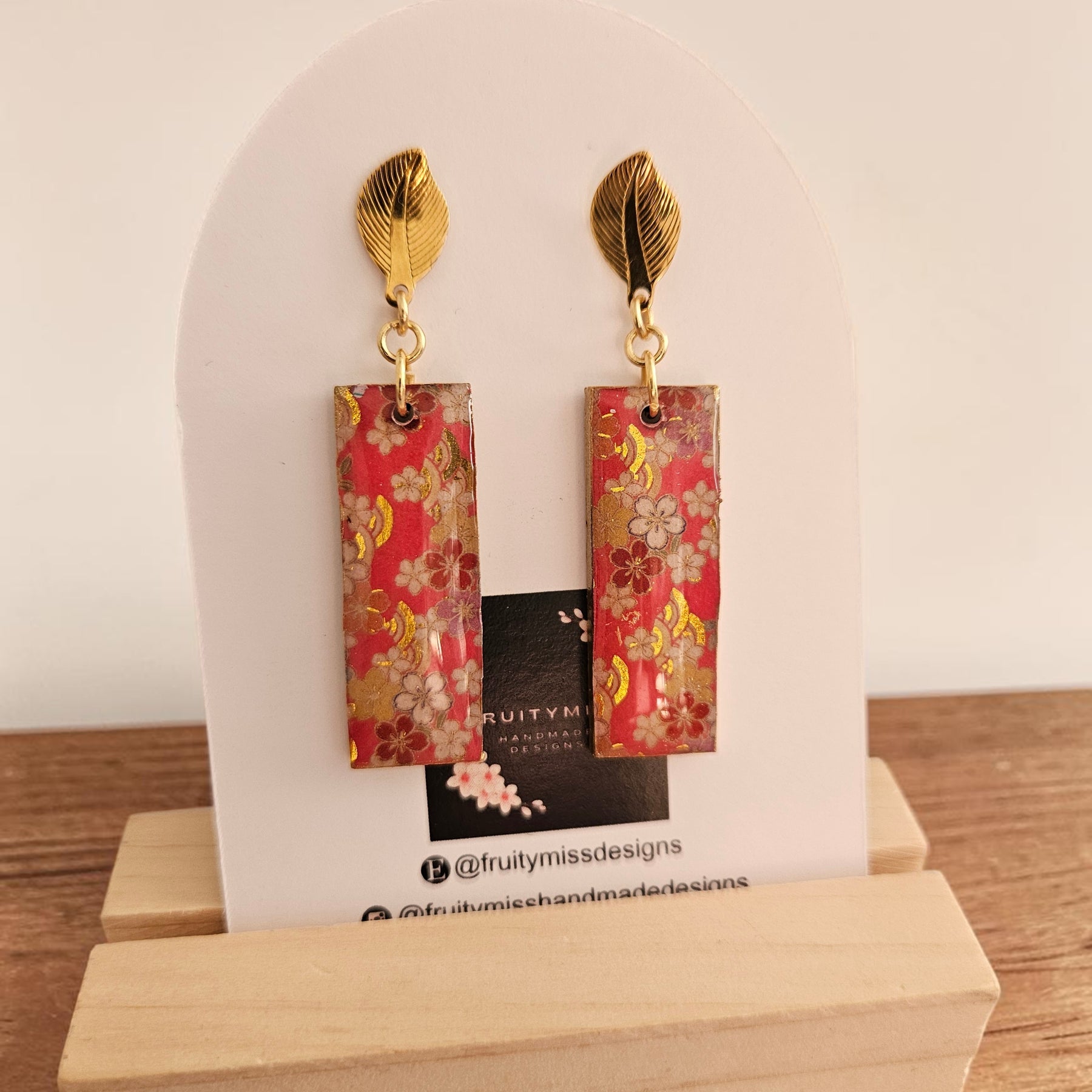 Unique Japanese Chiyogami Paper Earrings - Deep Pink Gold White Floral