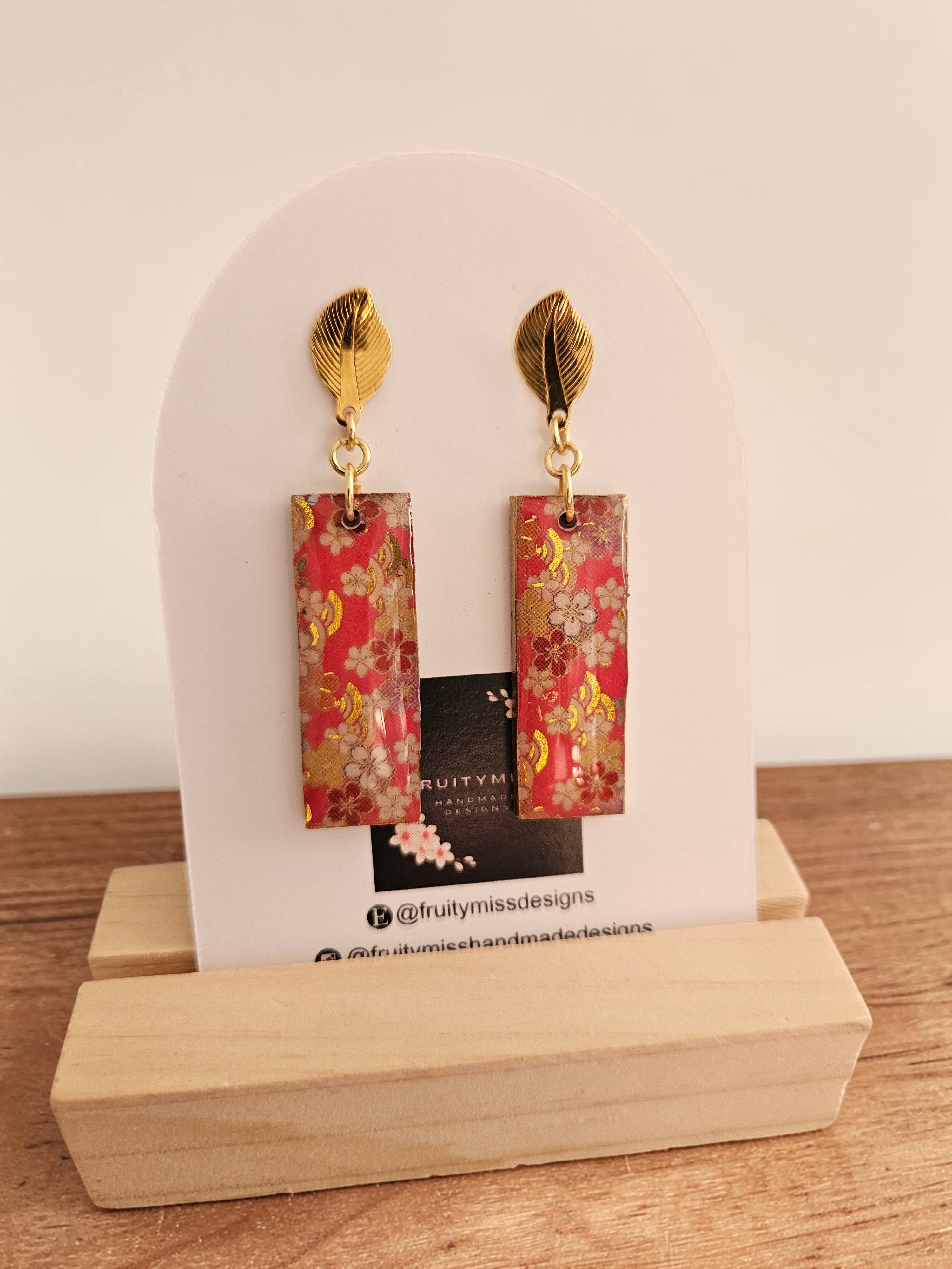Unique Japanese Chiyogami Paper Earrings - Deep Pink Gold White Floral