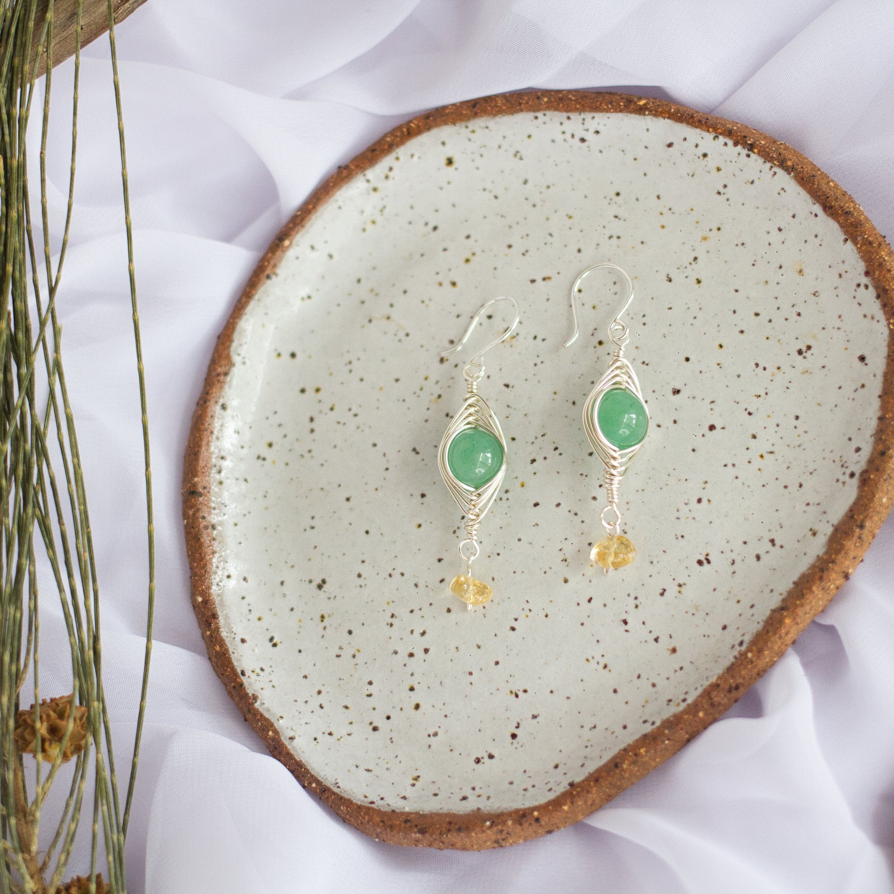 Green Aventurine and Citrine Earrings | Gemstone Wire Wrap Jewellery
