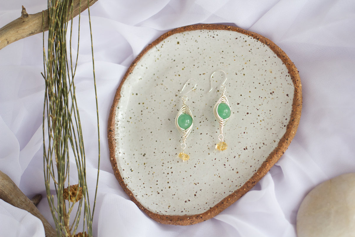 Green Aventurine and Citrine Earrings | Gemstone Wire Wrap Jewellery