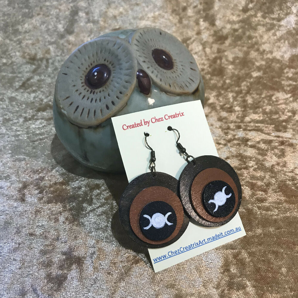 Hand Painted Wooden Earrings with Triple Moon Symbol
