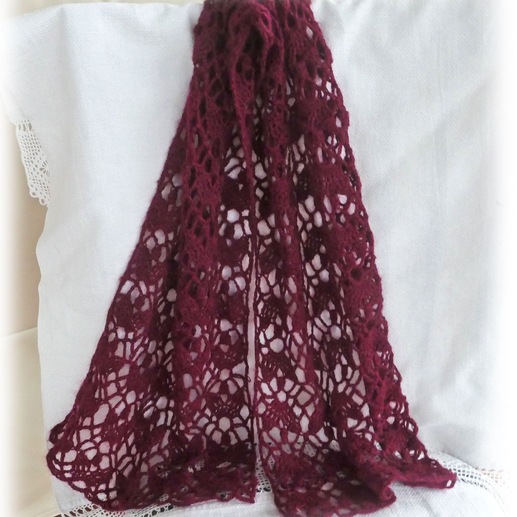Scarf, crocheted, deep burgundy, wool, mohair.  Free shipping.