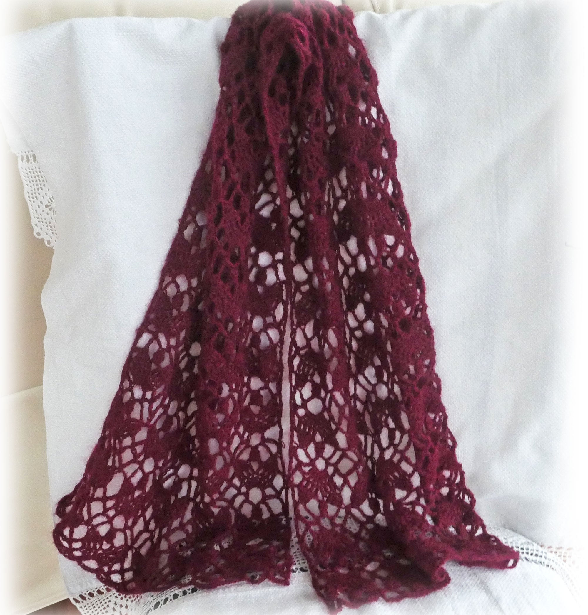 Scarf, crocheted, deep burgundy, wool, mohair.  Free shipping.