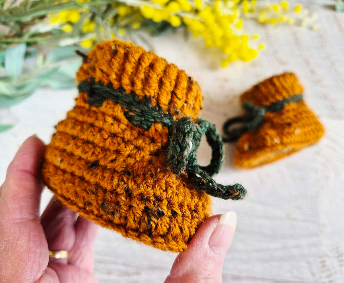 Baby Booties | Mustard Tweed | Newborn | Crochet | Knit | Shoes | Socks