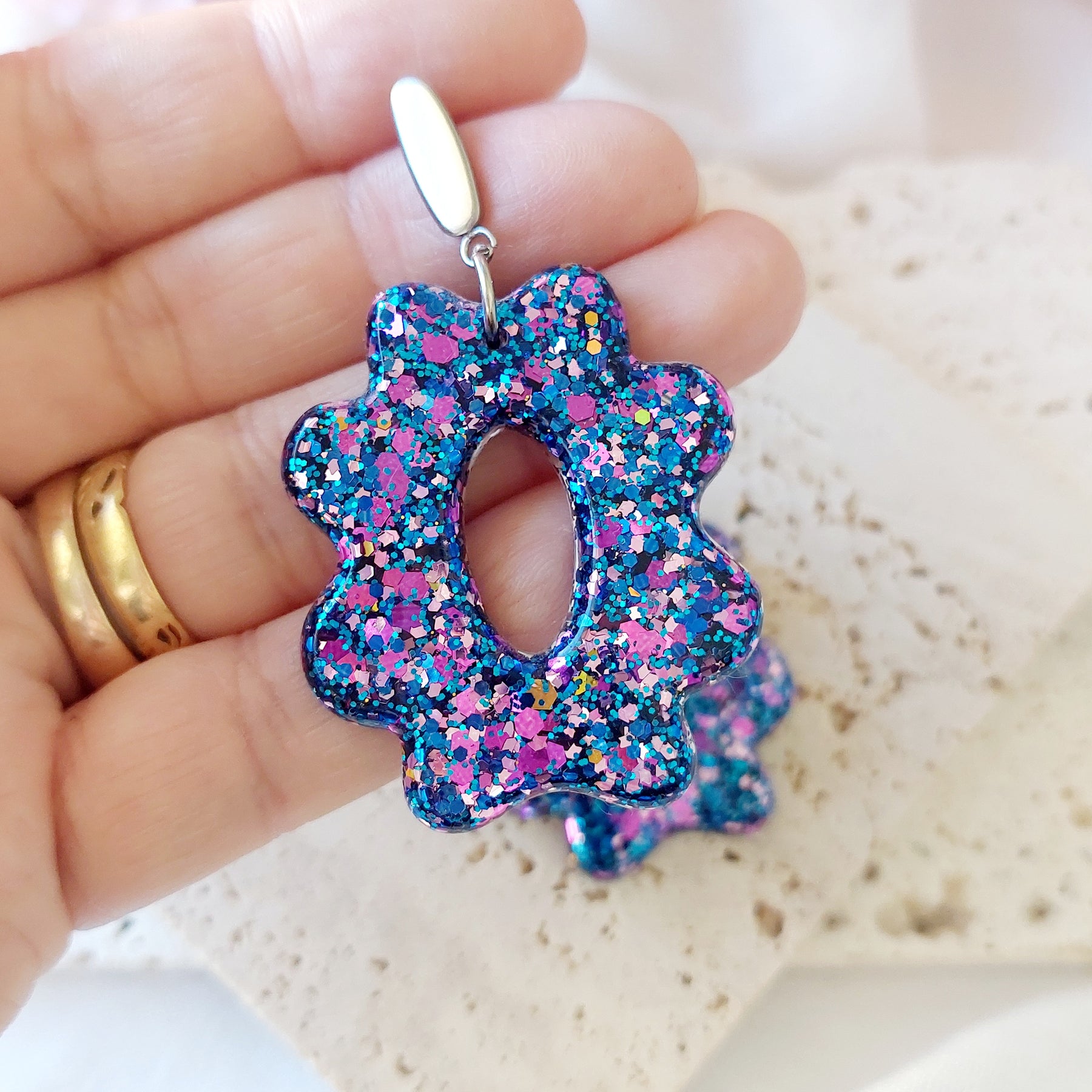 Large Resin Glitter Flower Dangle Earrings