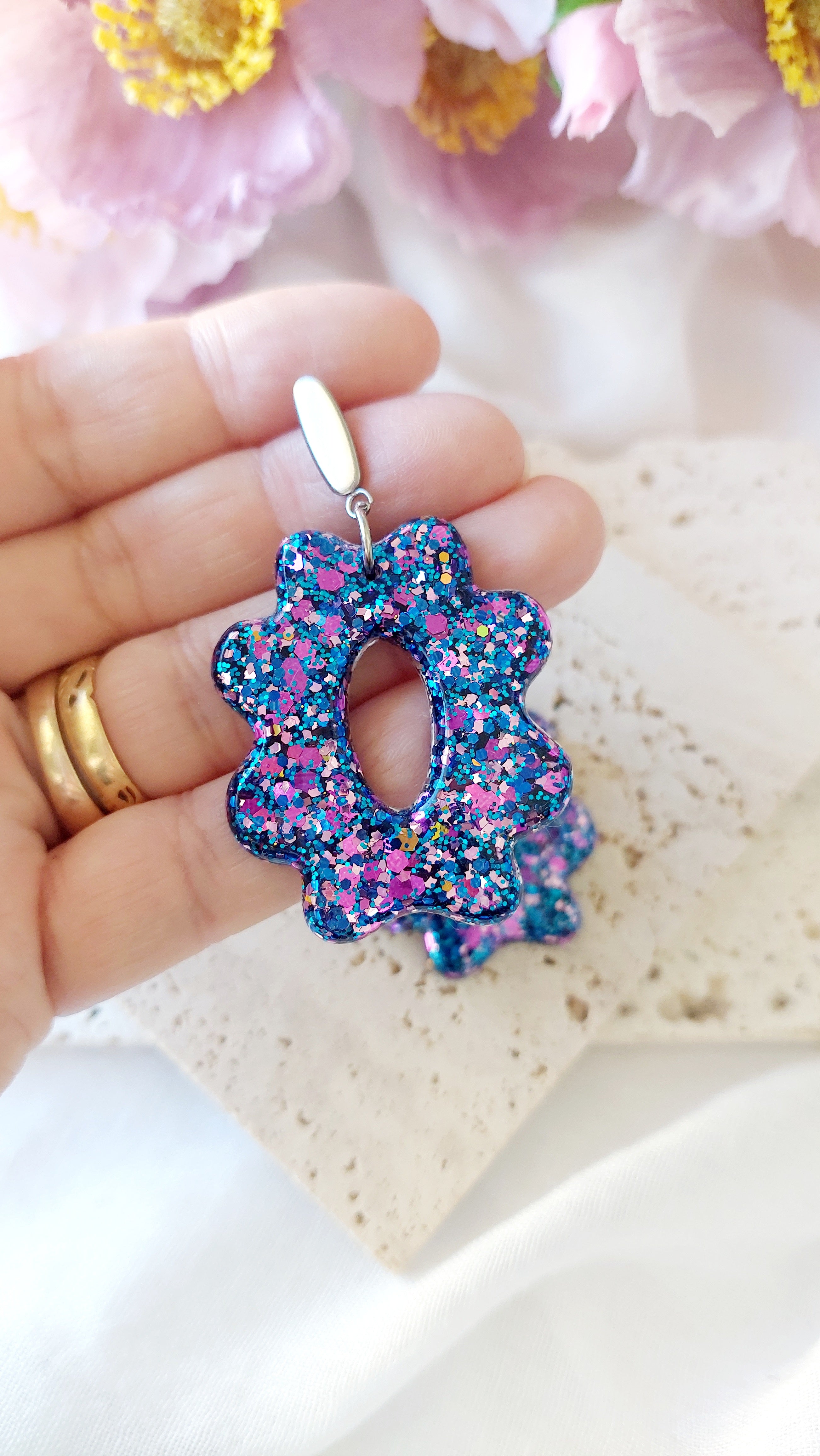 Large Resin Glitter Flower Dangle Earrings