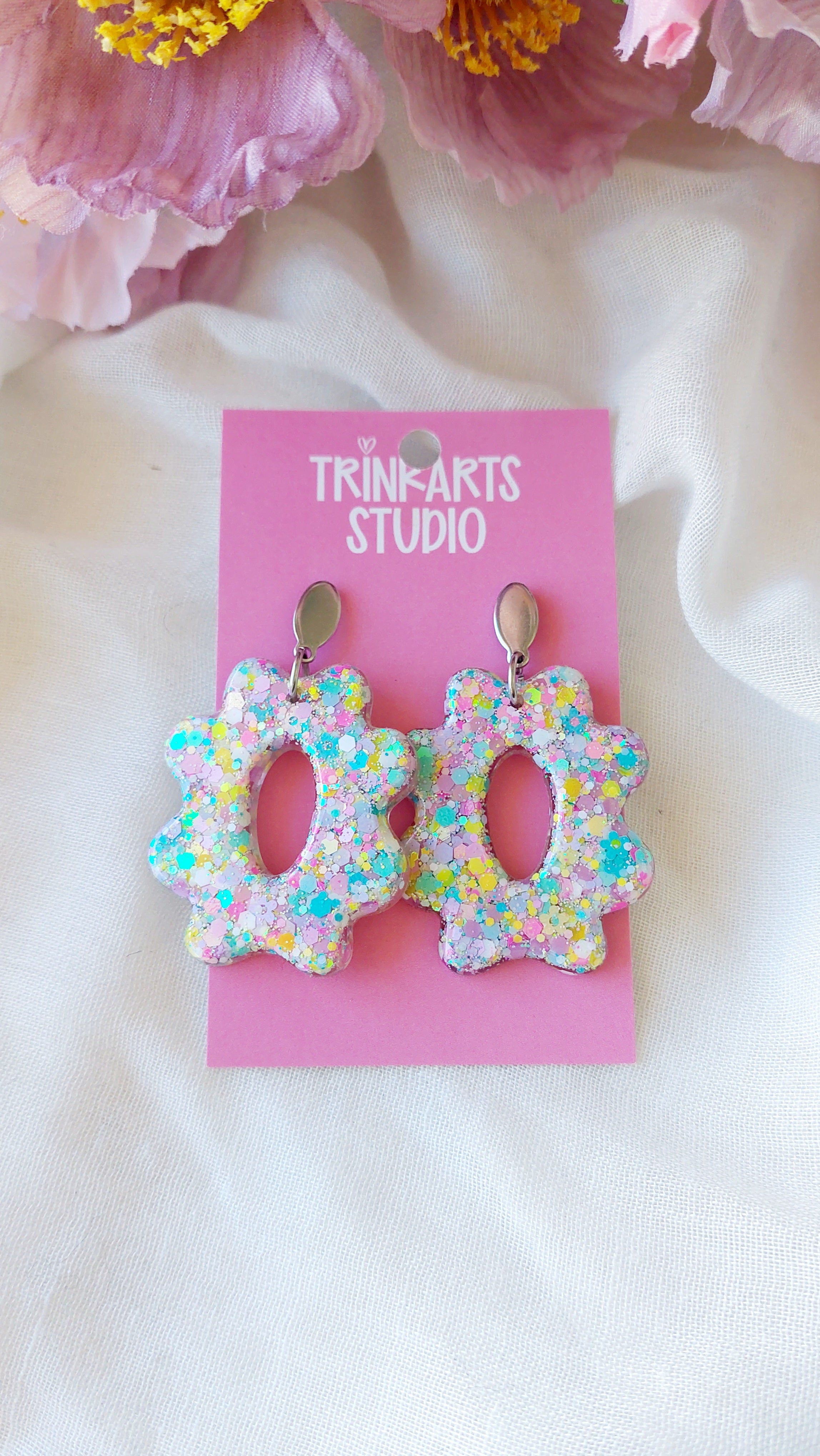 Large Resin Glitter Flower Dangle Earrings