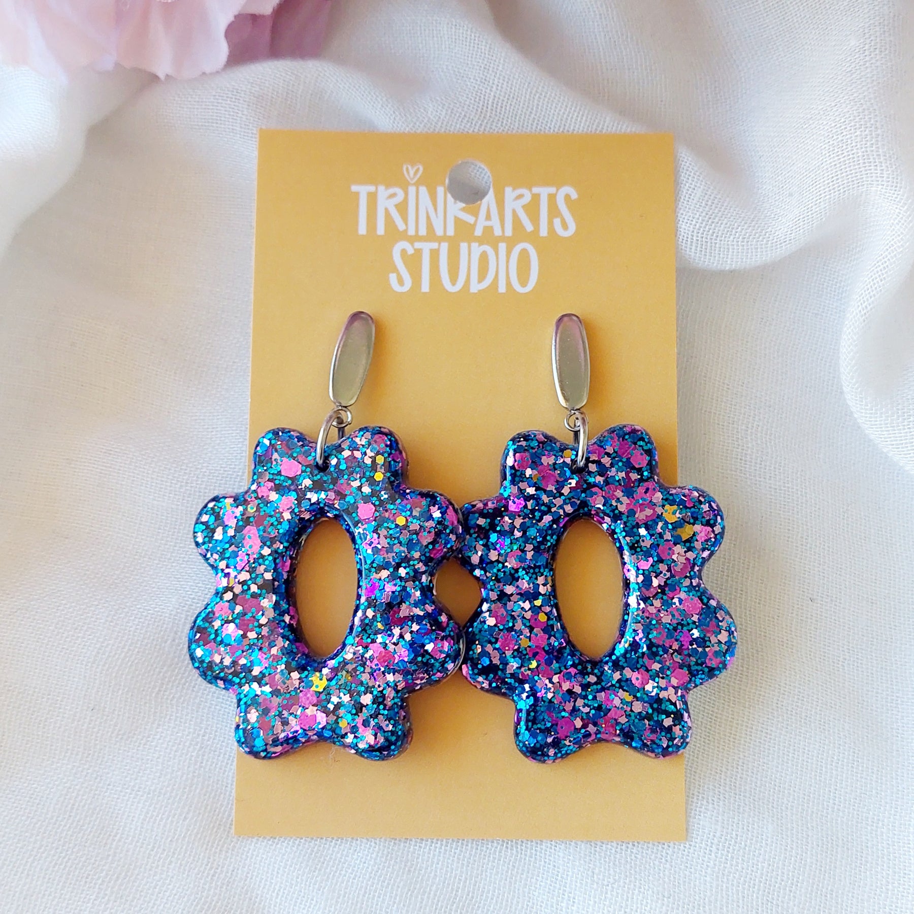 Large Resin Glitter Flower Dangle Earrings