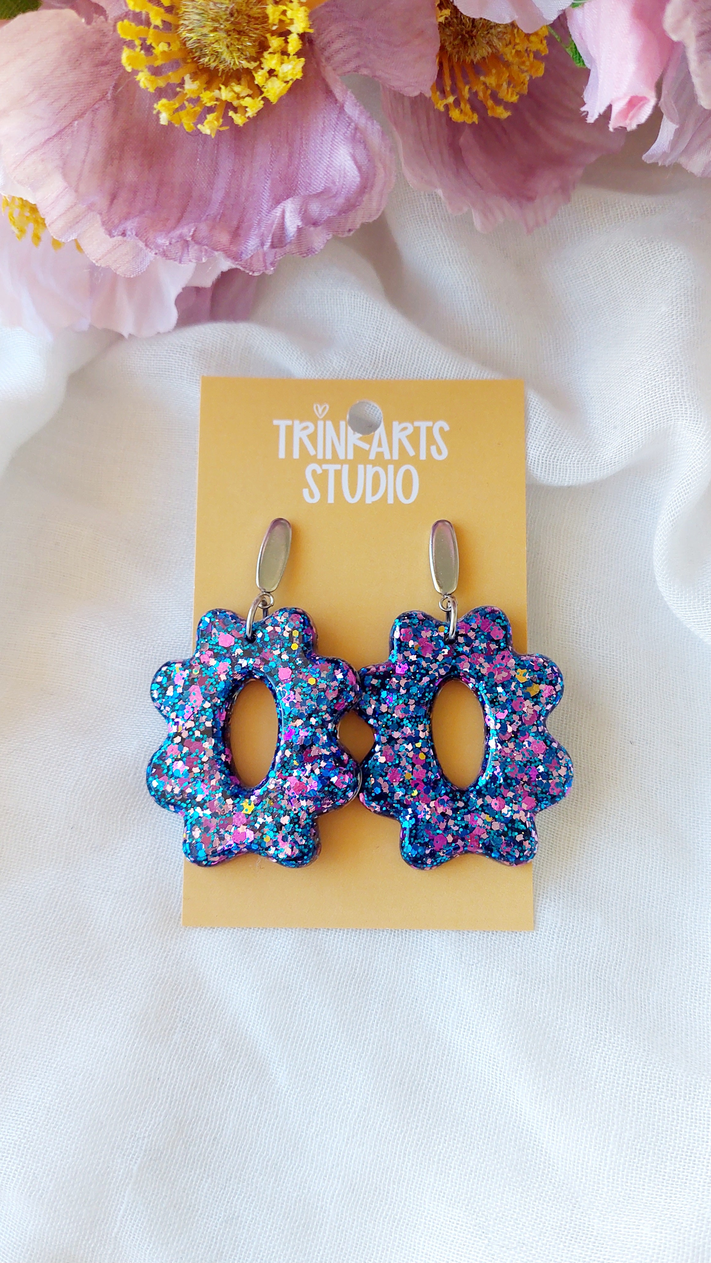 Large Resin Glitter Flower Dangle Earrings