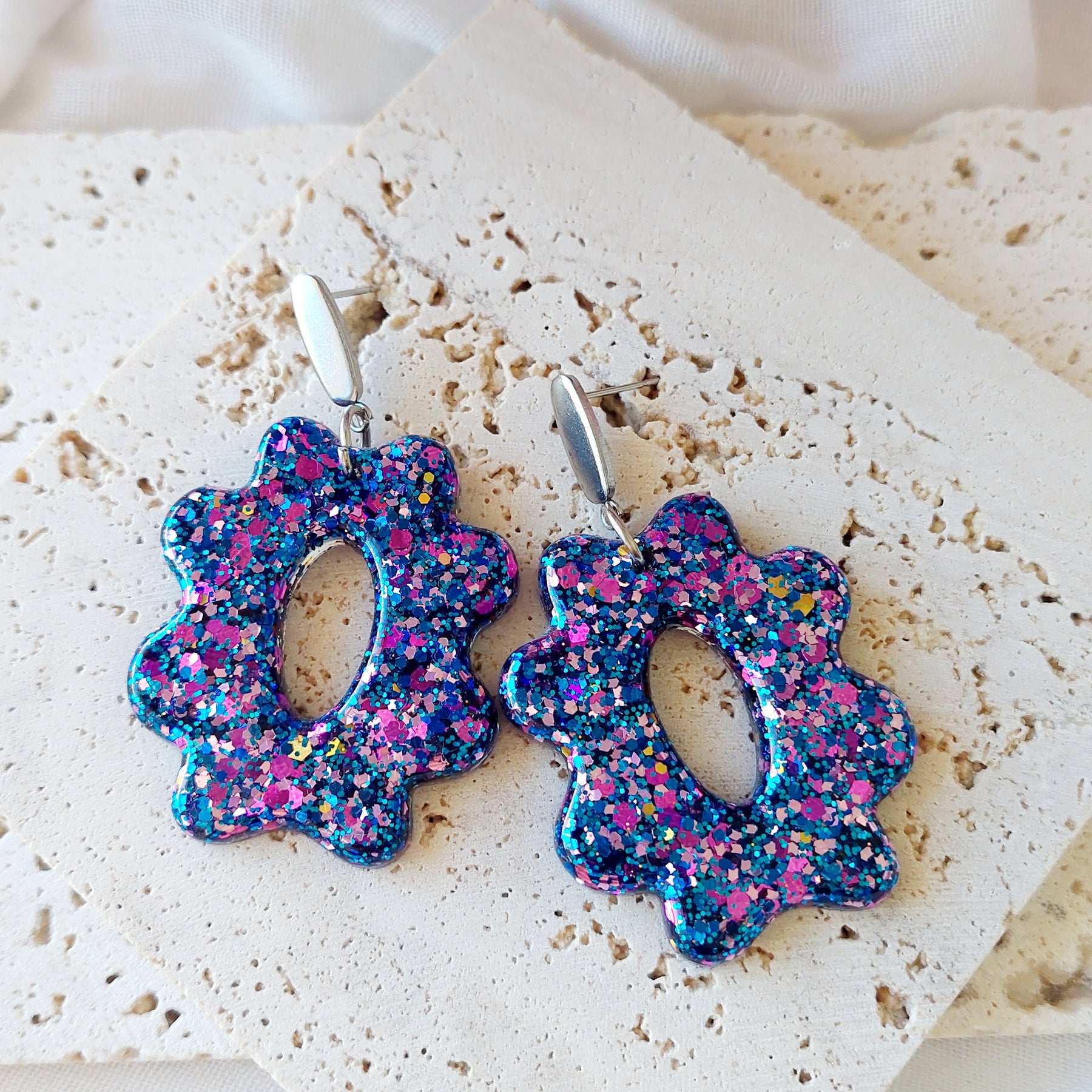 Large Resin Glitter Flower Dangle Earrings