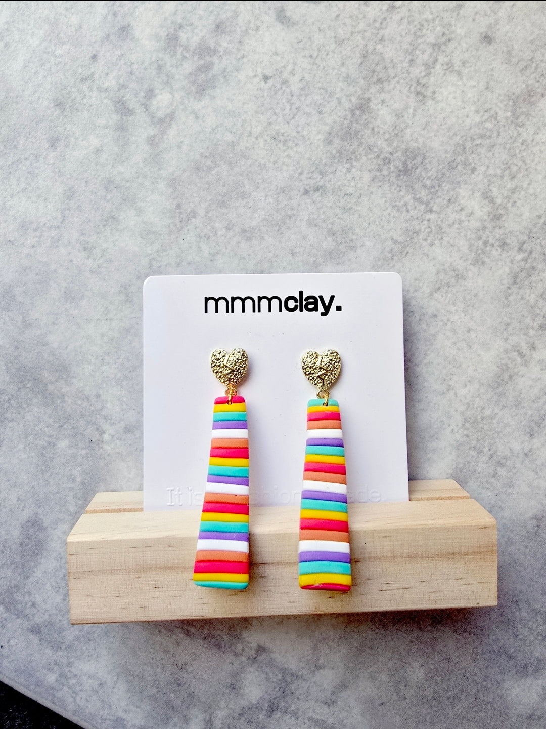 Rainbow Striped Heart Drop Earrings | Handmade Polymer Clay
