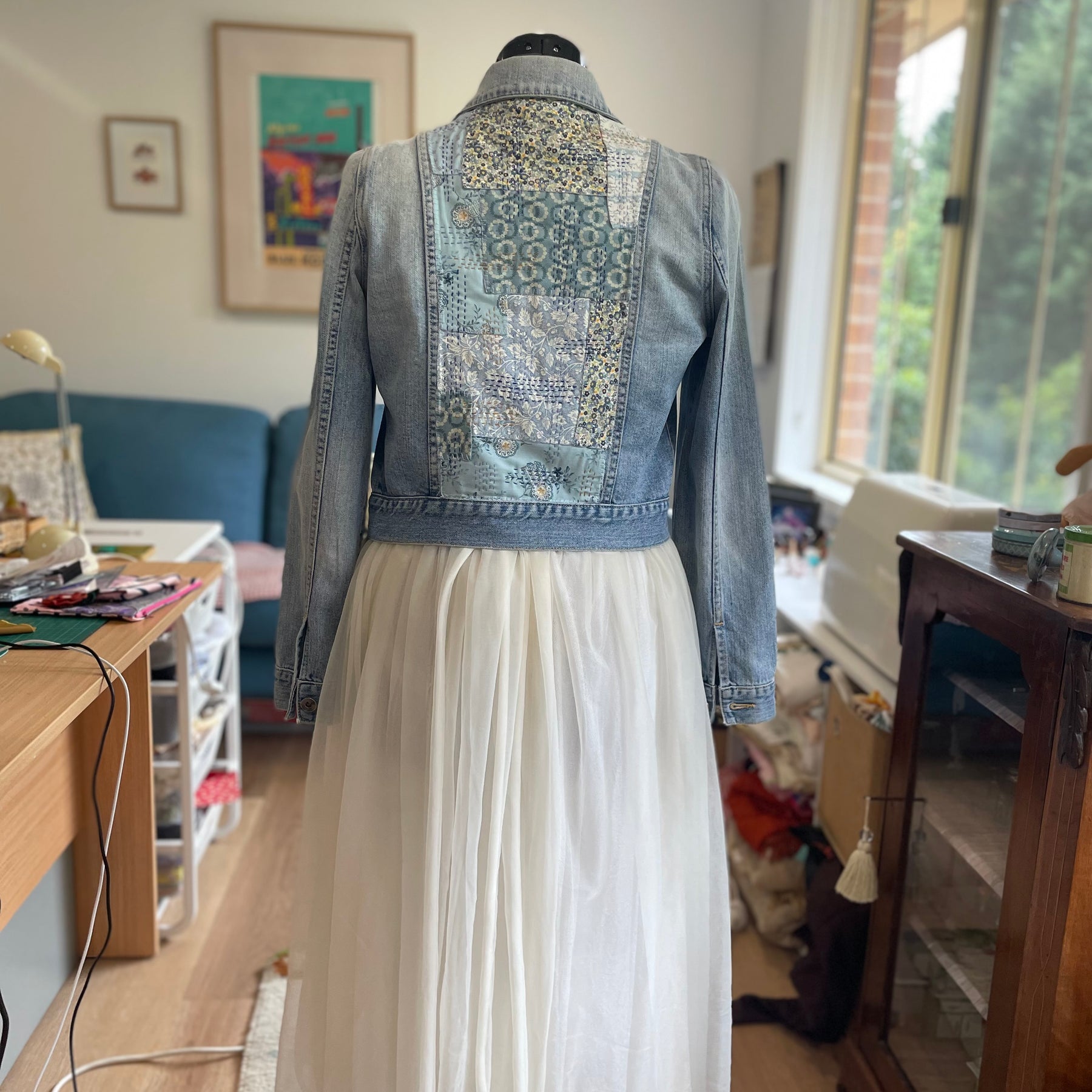 Sashiko Floral Denim Jacket Upcycled Wearable Art