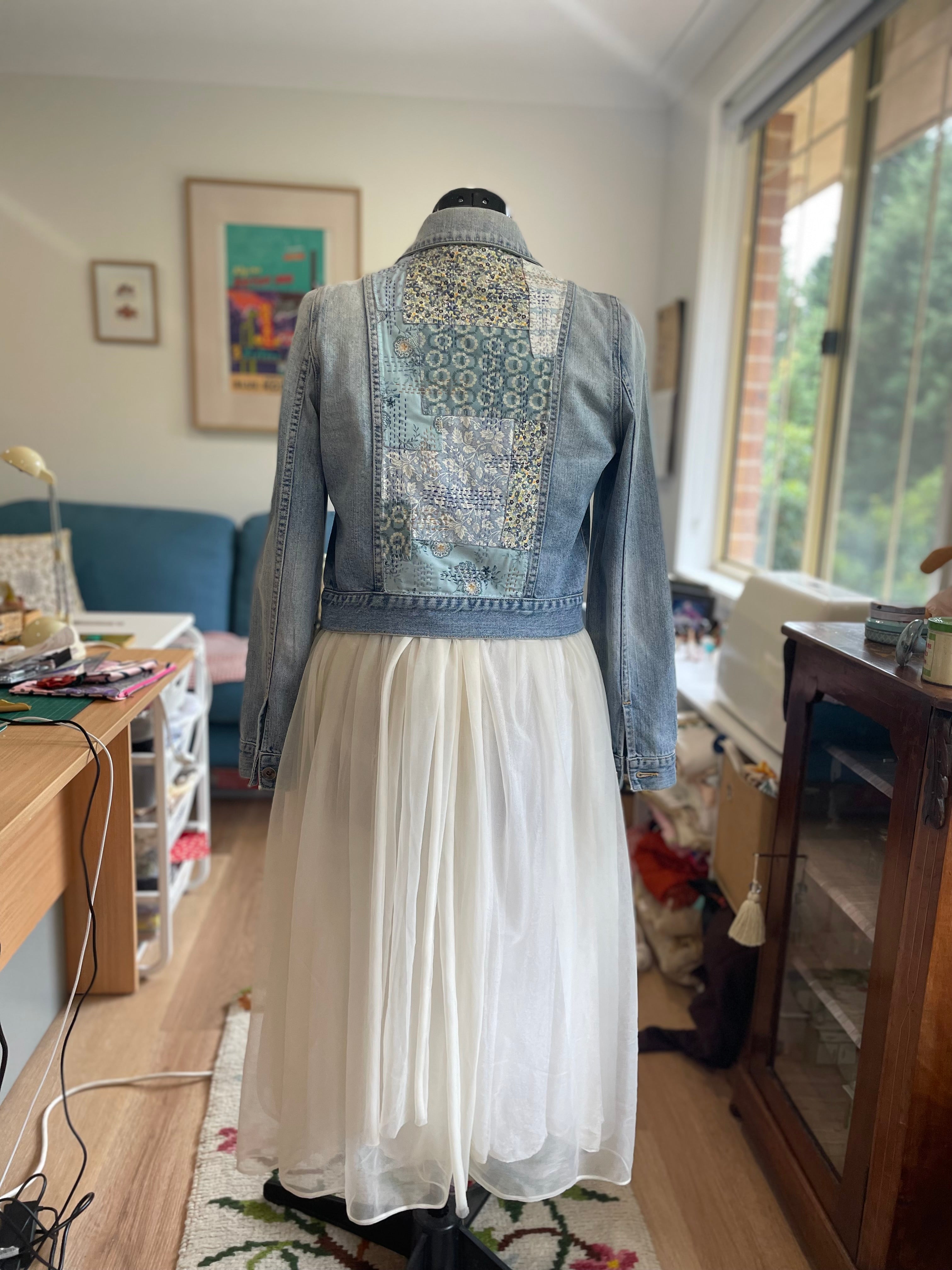 Sashiko Floral Denim Jacket Upcycled Wearable Art