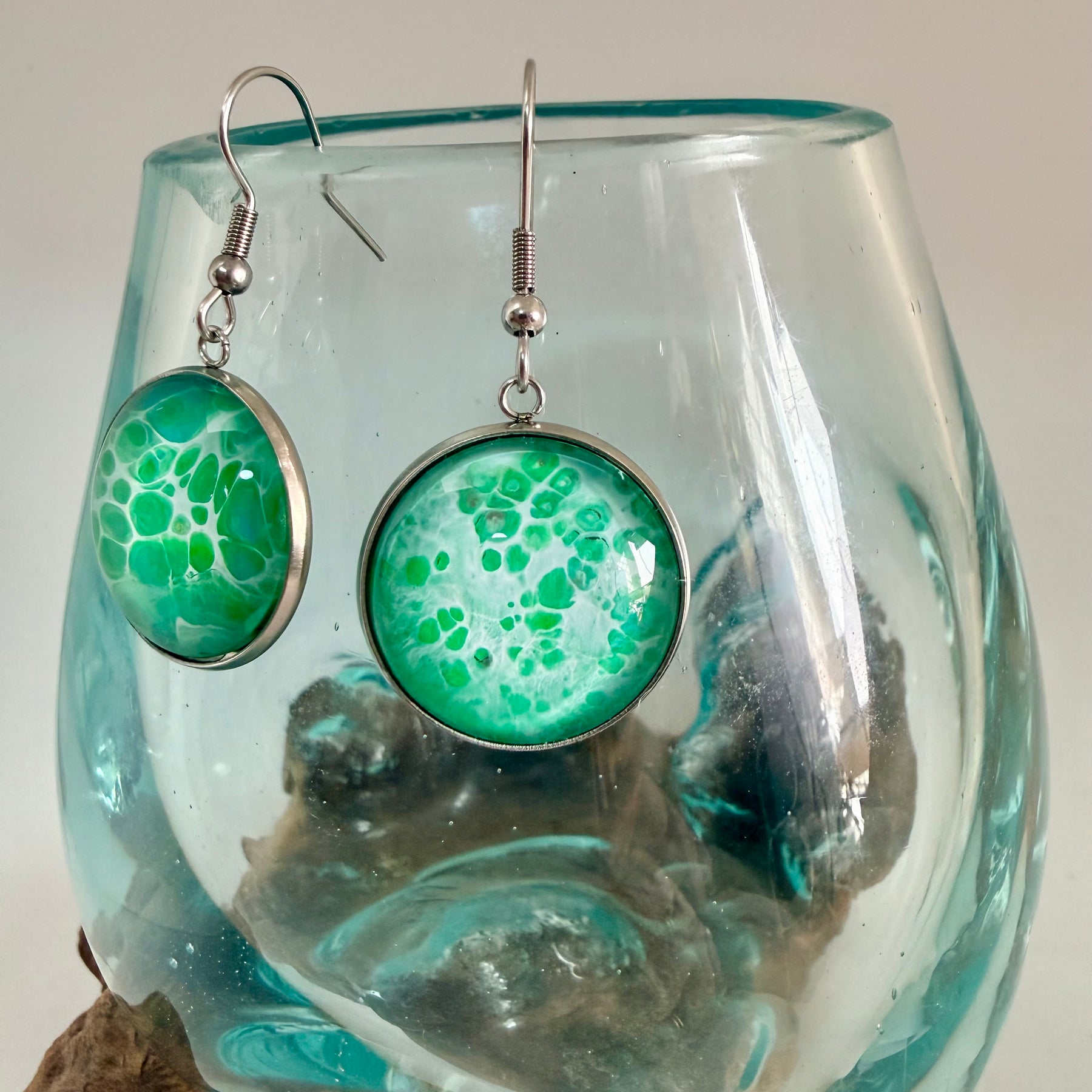 Hand-Painted Green Acrylic Cell Art Drop Earrings