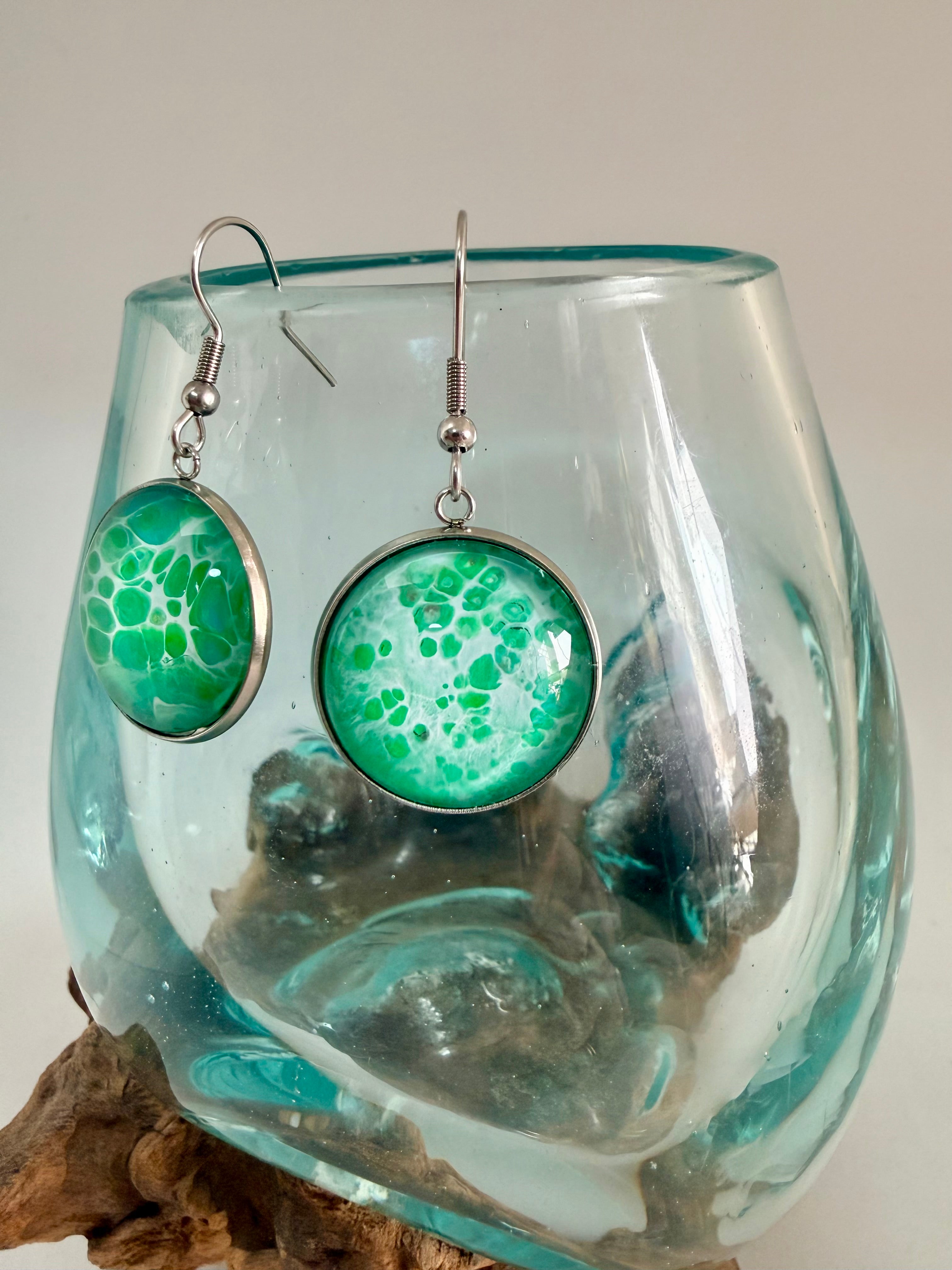 Hand-Painted Green Acrylic Cell Art Drop Earrings