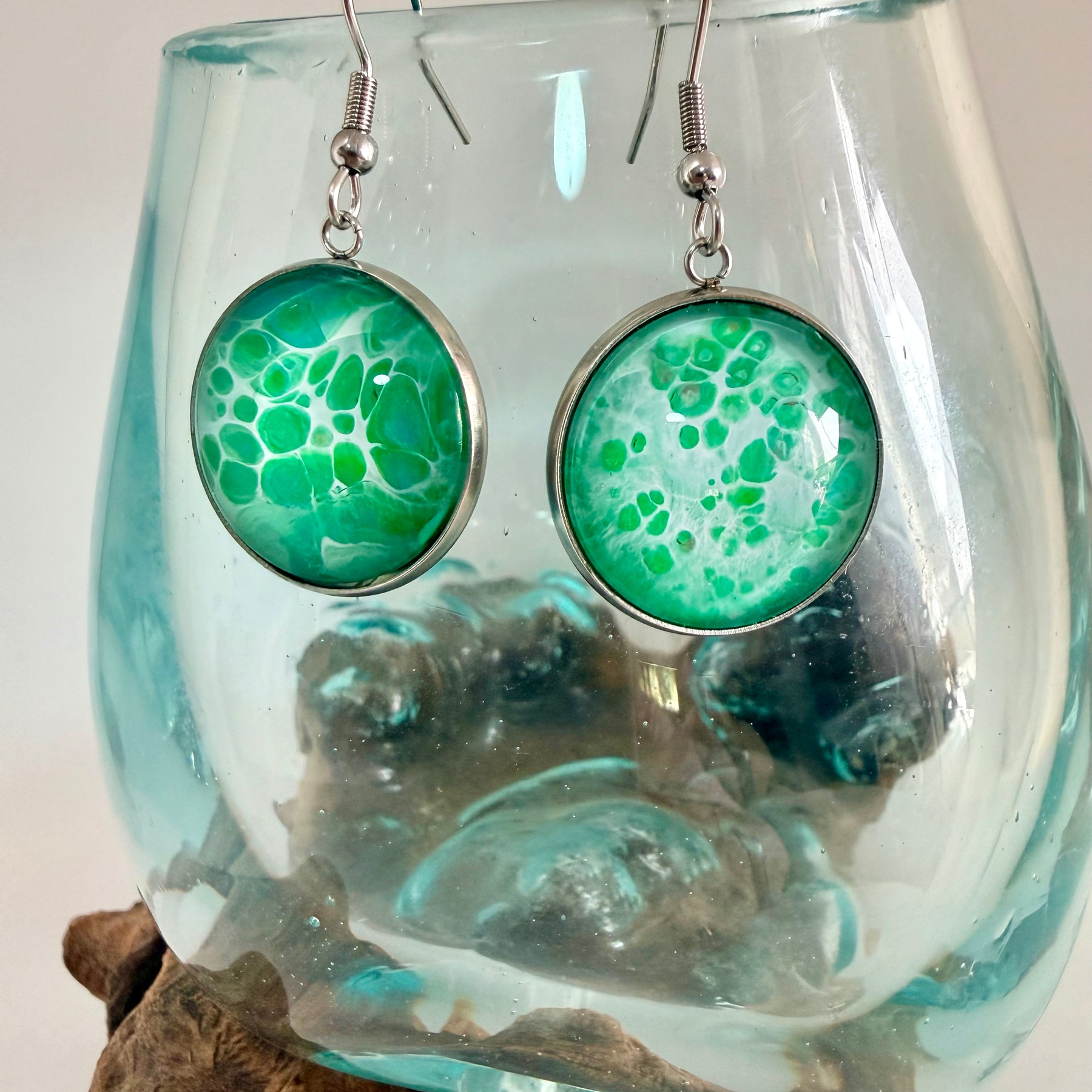 Hand-Painted Green Acrylic Cell Art Drop Earrings