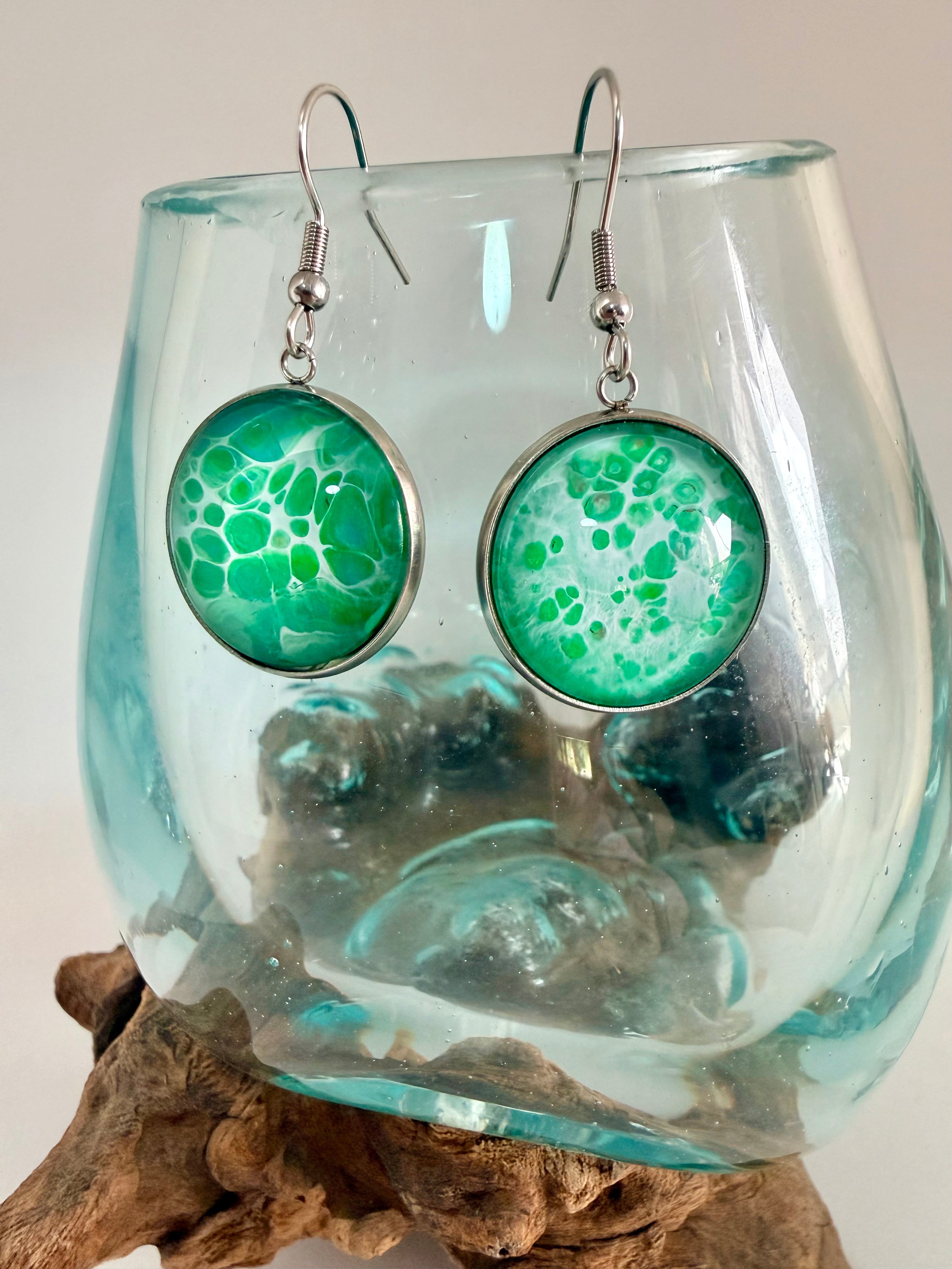 Hand-Painted Green Acrylic Cell Art Drop Earrings
