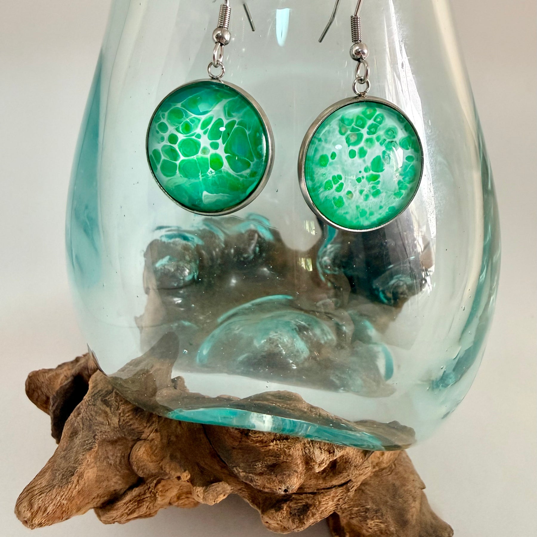 Hand-Painted Green Acrylic Cell Art Drop Earrings