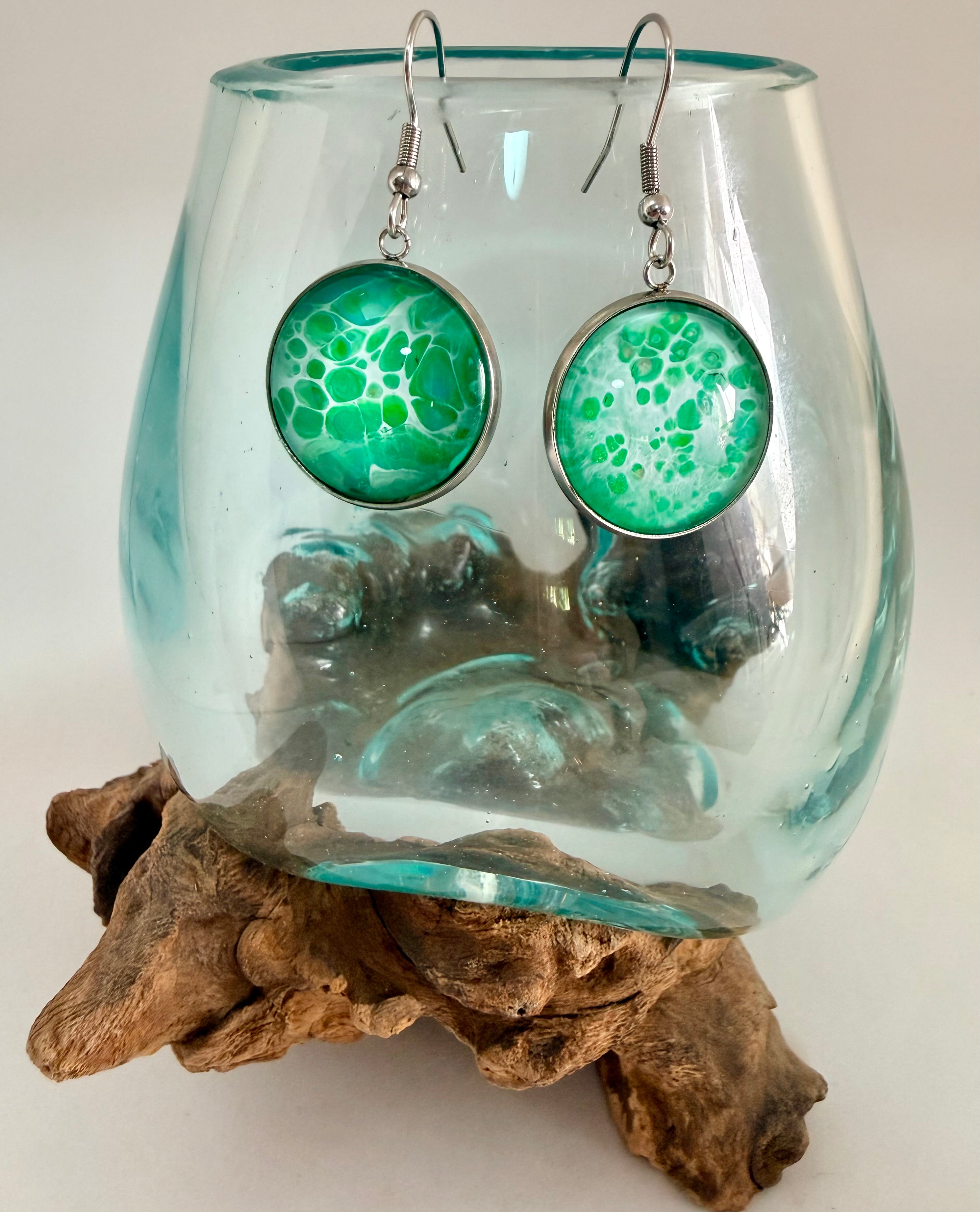 Hand-Painted Green Acrylic Cell Art Drop Earrings