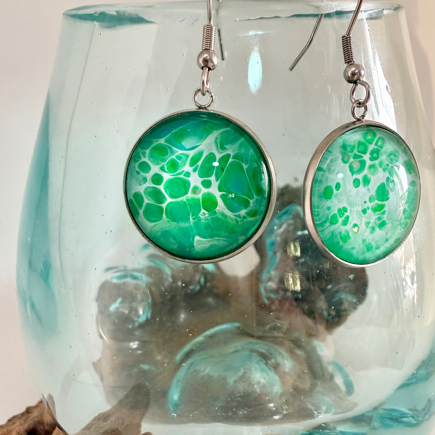 Hand-Painted Green Acrylic Cell Art Drop Earrings