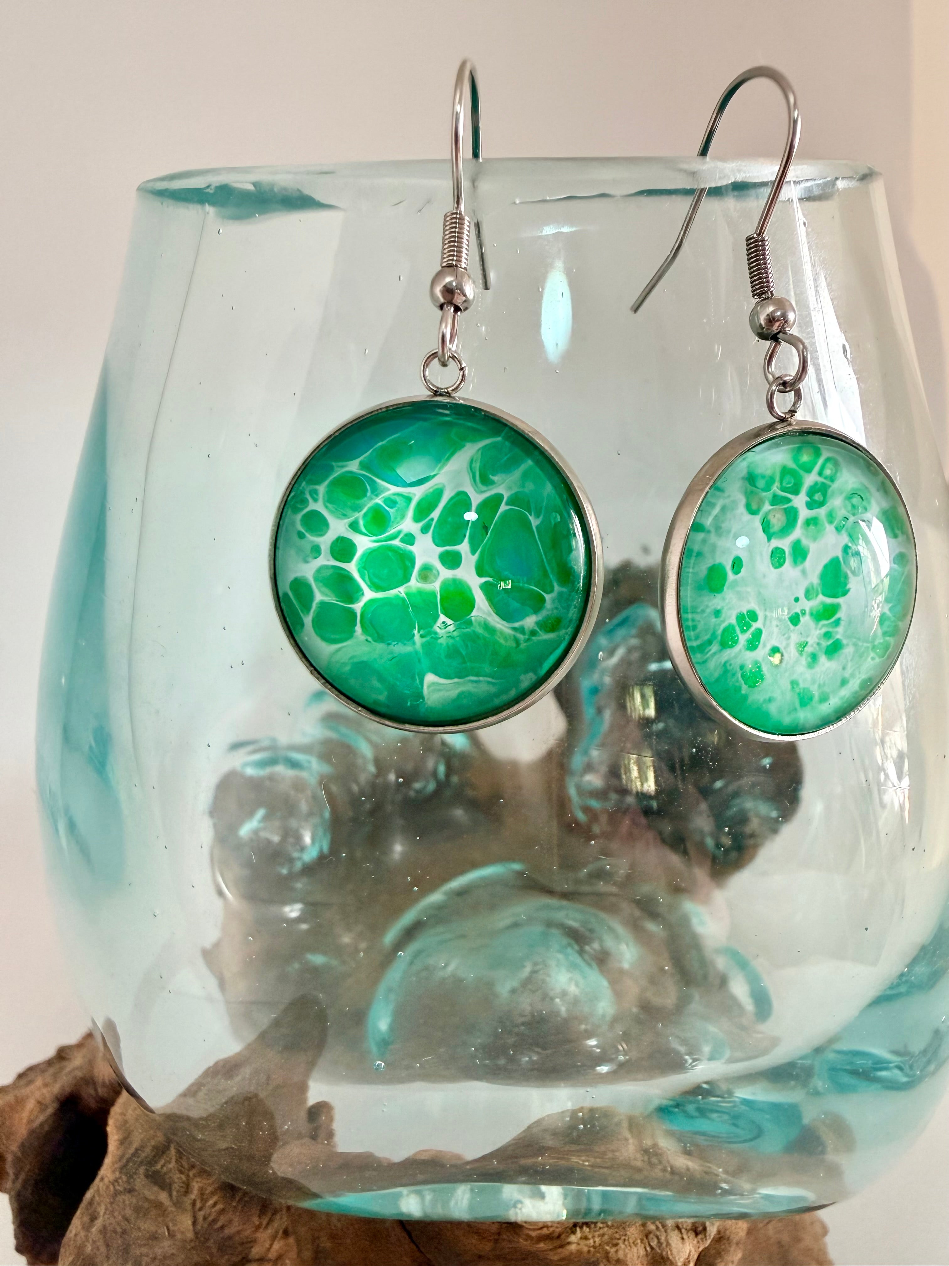 Hand-Painted Green Acrylic Cell Art Drop Earrings