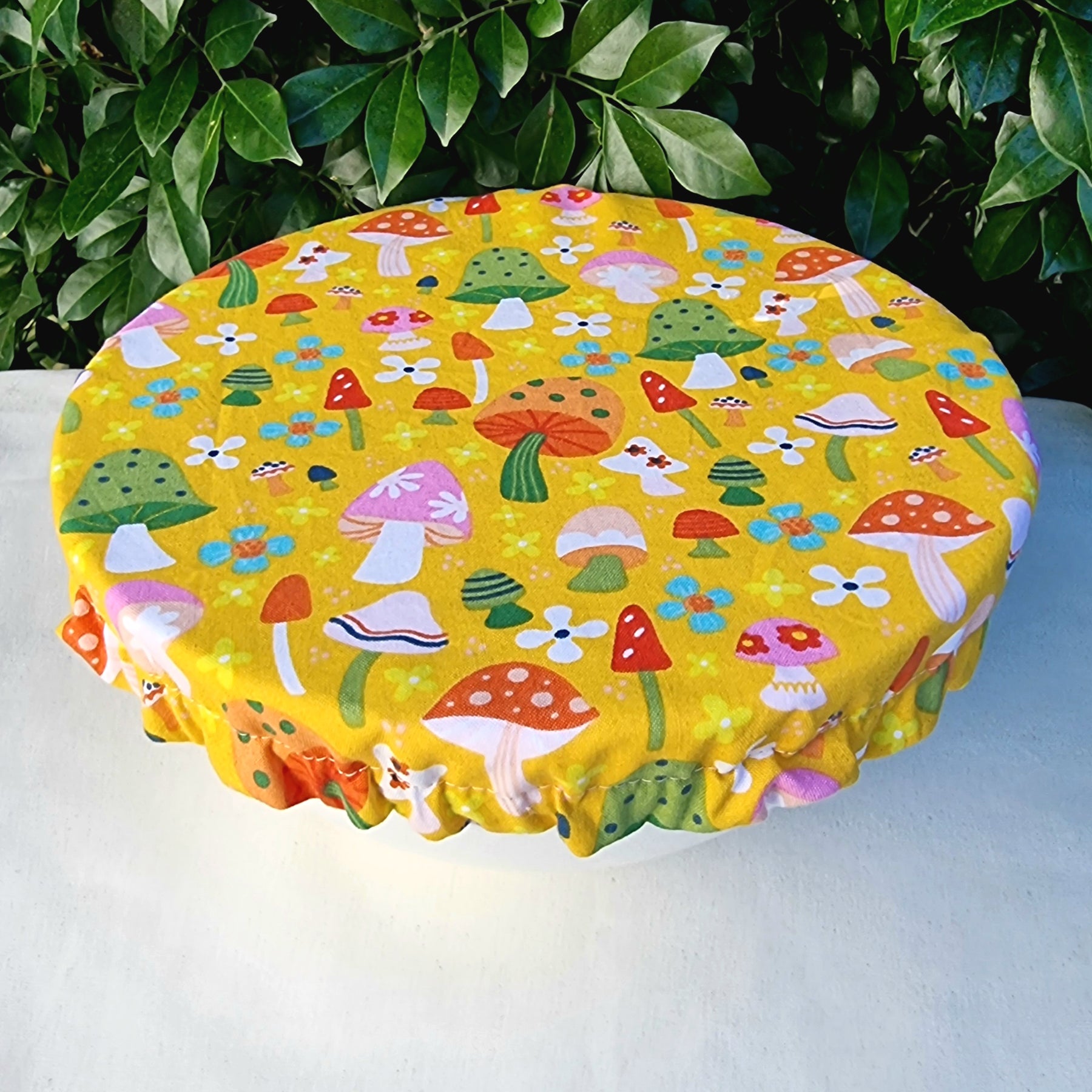 Reusable Linen & Cotton Bowl Cover- Yellow & Mushrooms