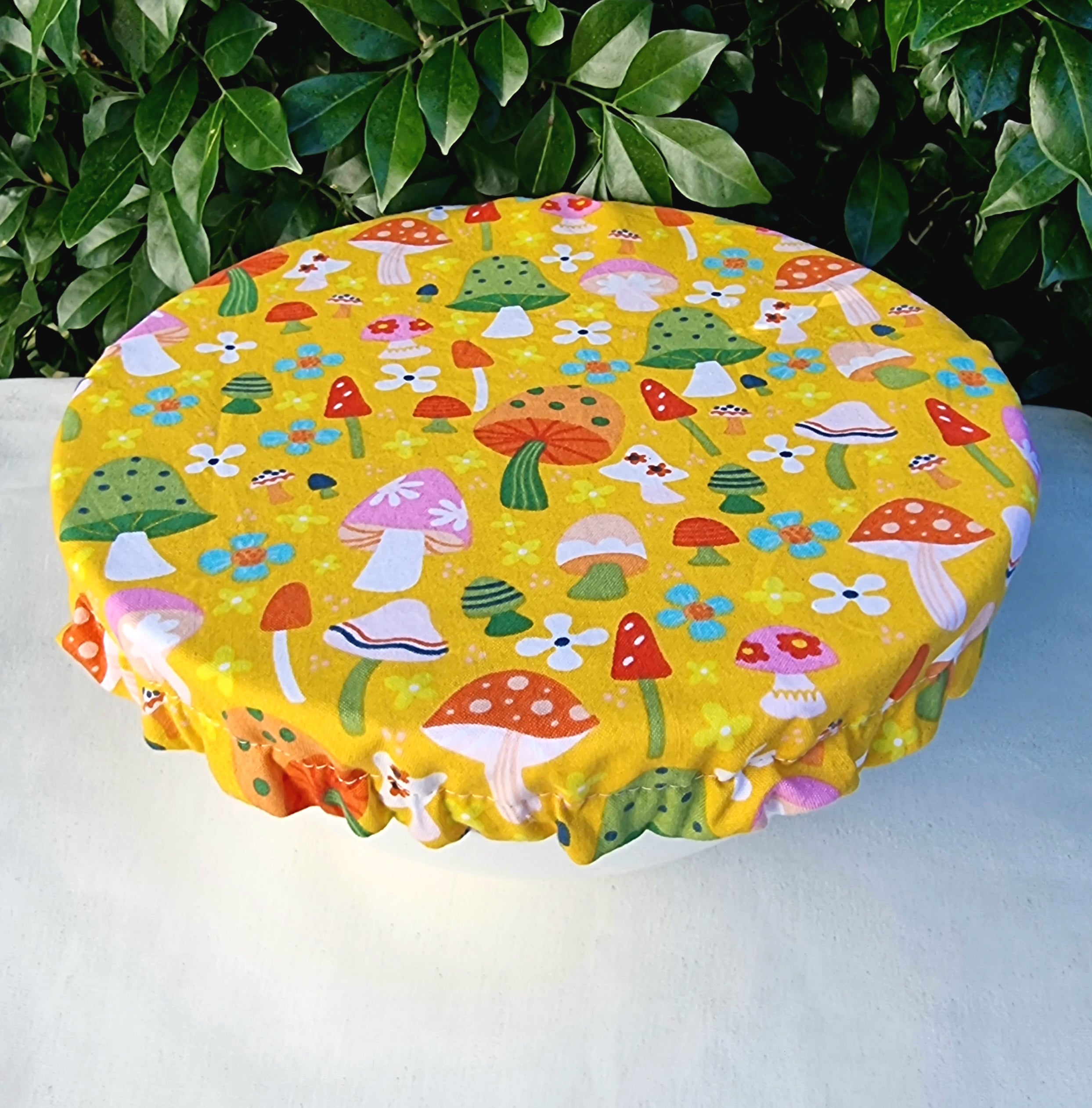 Reusable Linen & Cotton Bowl Cover- Yellow & Mushrooms