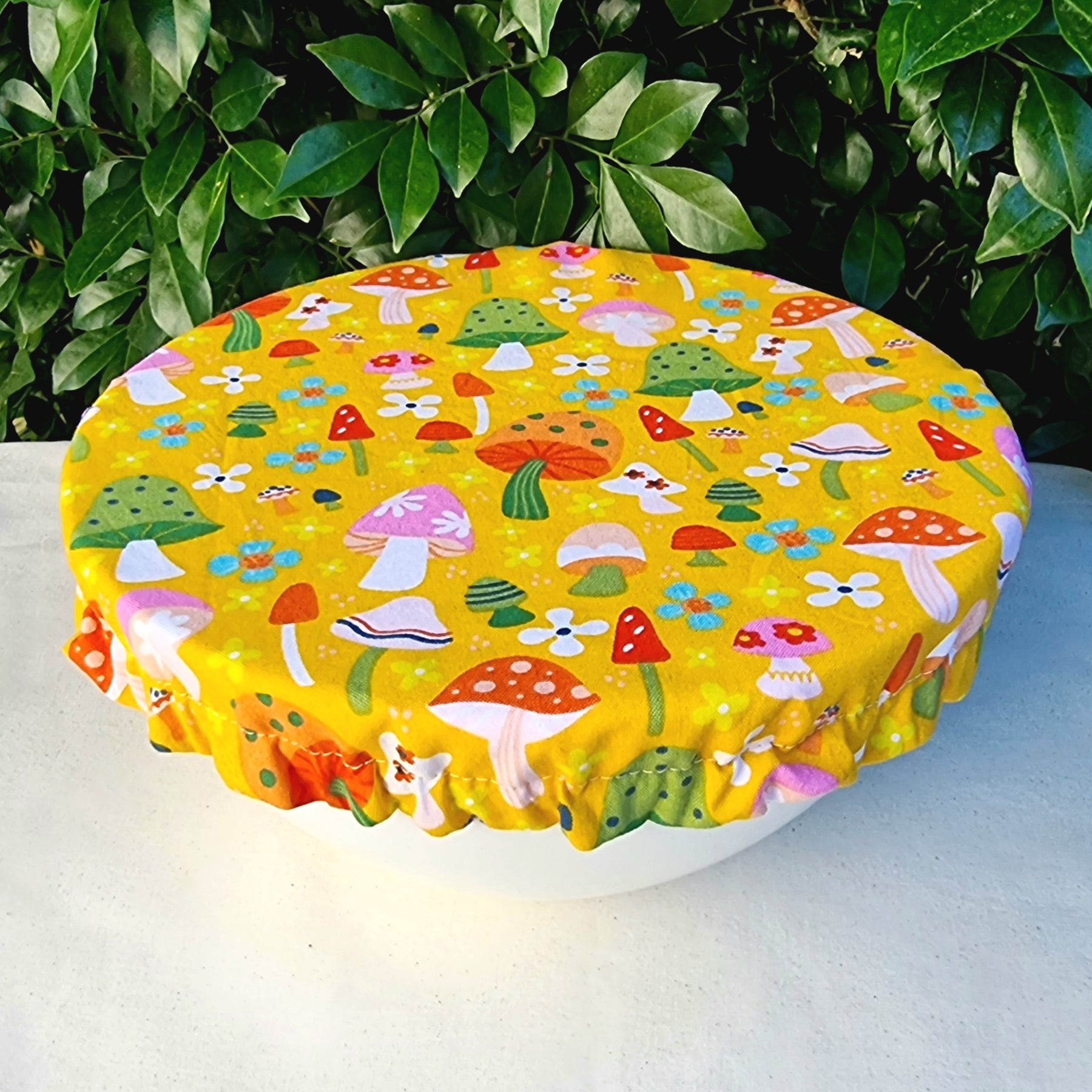 Reusable Linen & Cotton Bowl Cover- Yellow & Mushrooms