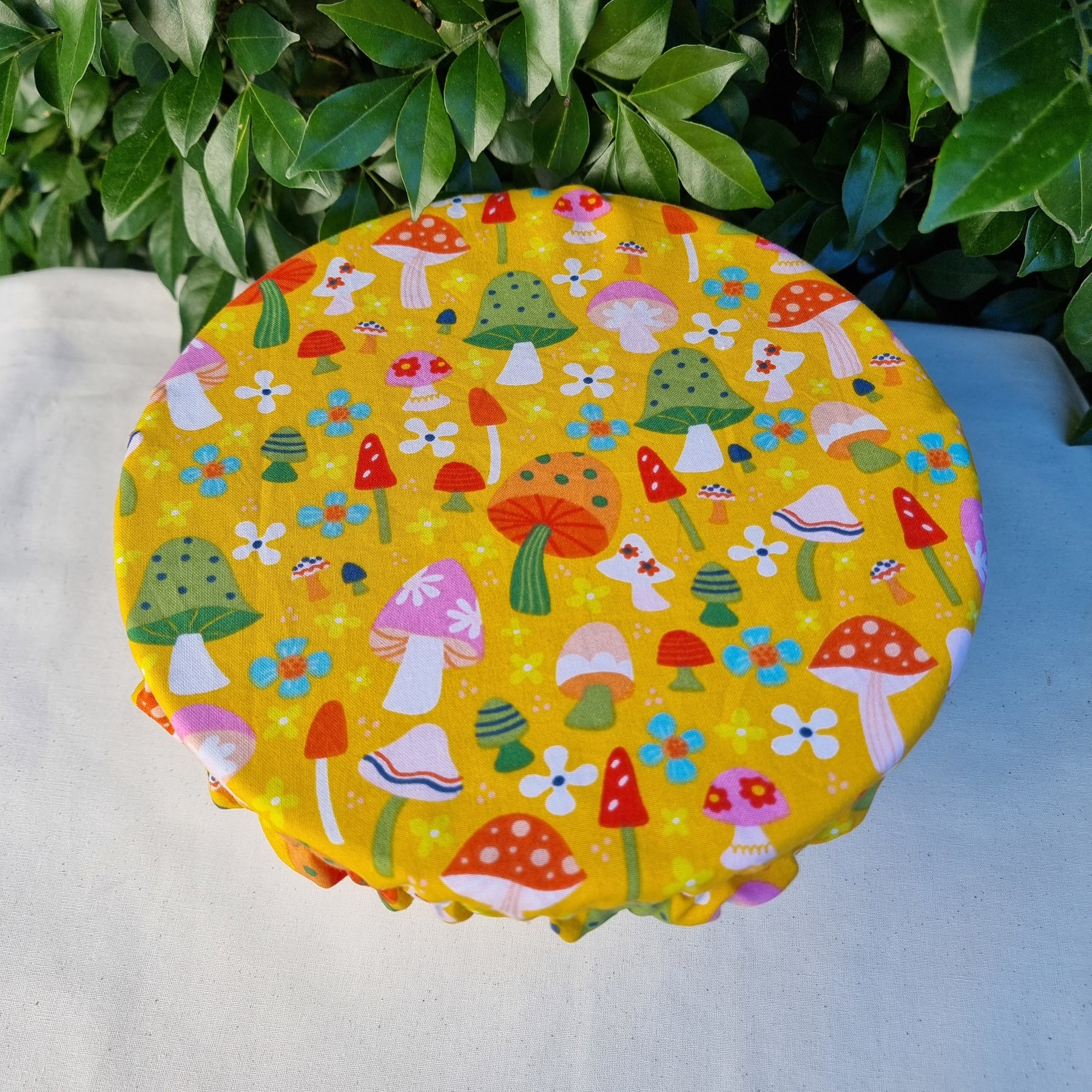 Reusable Linen & Cotton Bowl Cover- Yellow & Mushrooms