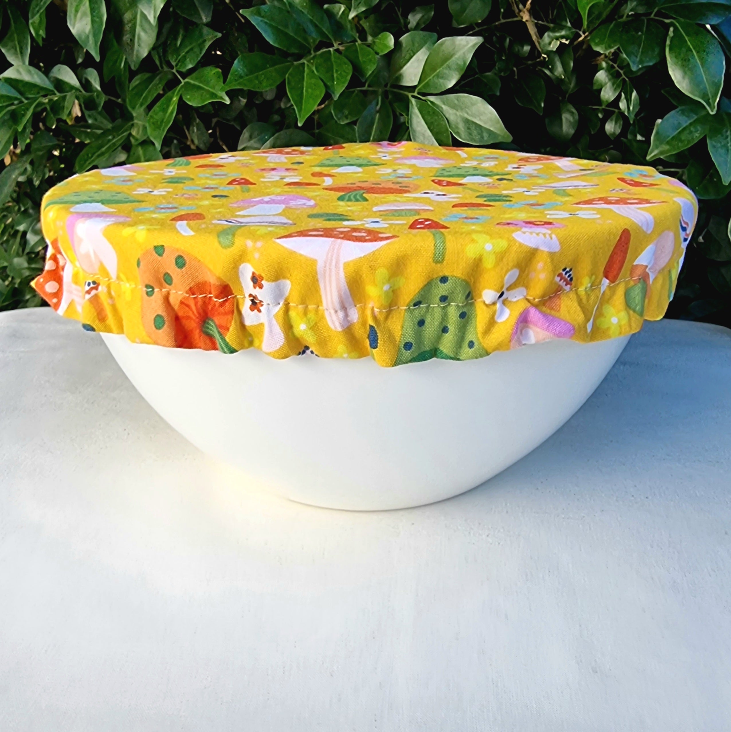 Reusable Linen & Cotton Bowl Cover- Yellow & Mushrooms