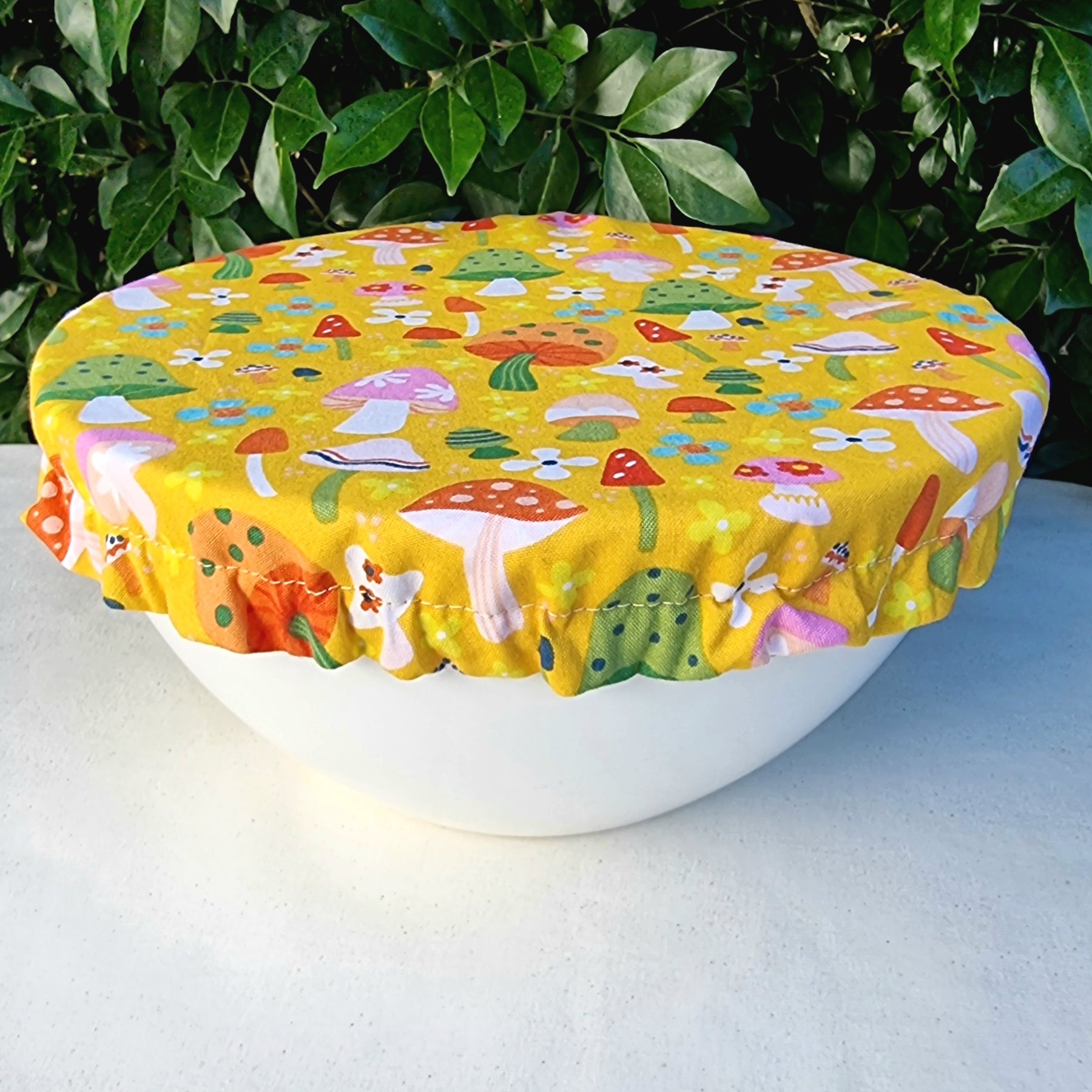 Reusable Linen & Cotton Bowl Cover- Yellow & Mushrooms