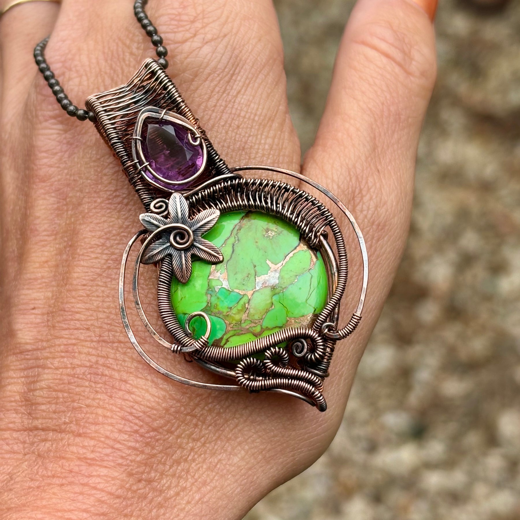 Mojave Turquoise/Amethyst copper crystal pendant