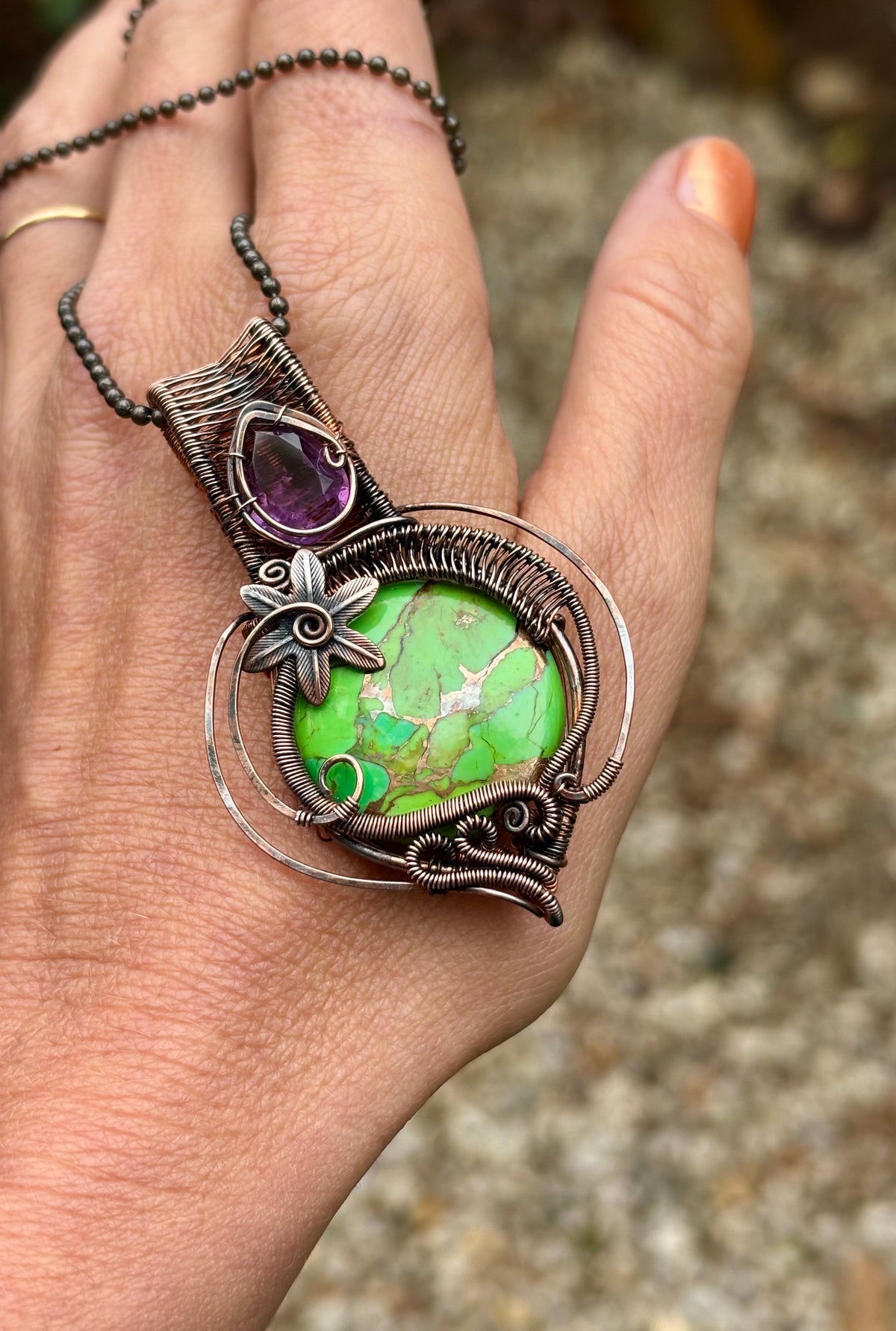 Mojave Turquoise/Amethyst copper crystal pendant