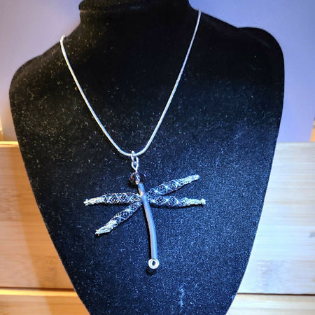 Nylon mesh black Dragonfly pendant necklace
