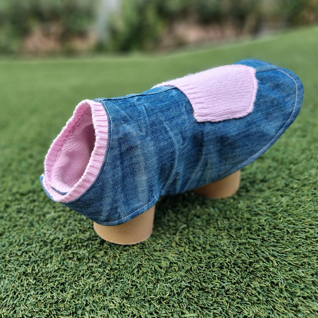 Reversable Denim-Pink Knit Dog Coat