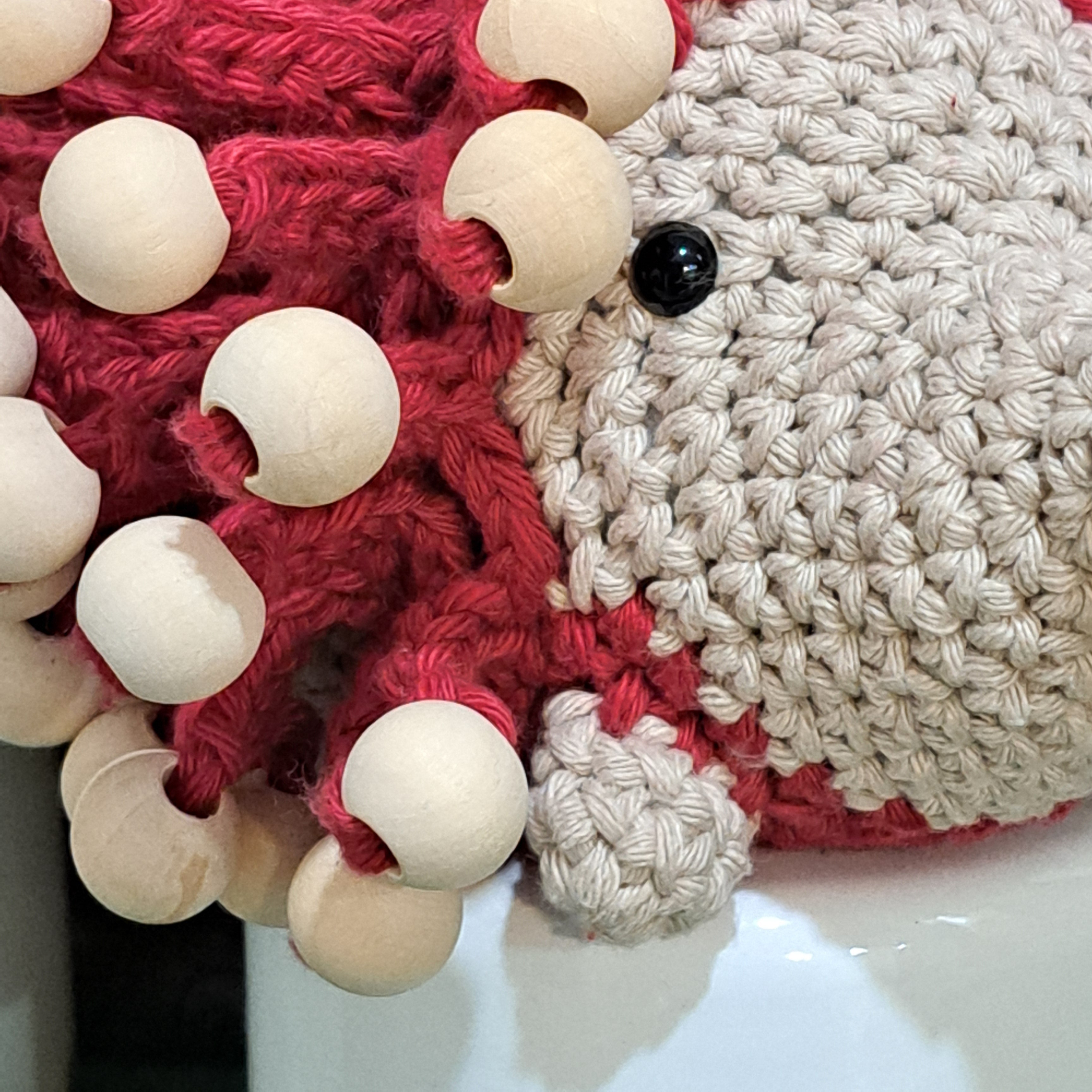 Handmade crochet echidna red cotton wooden beads