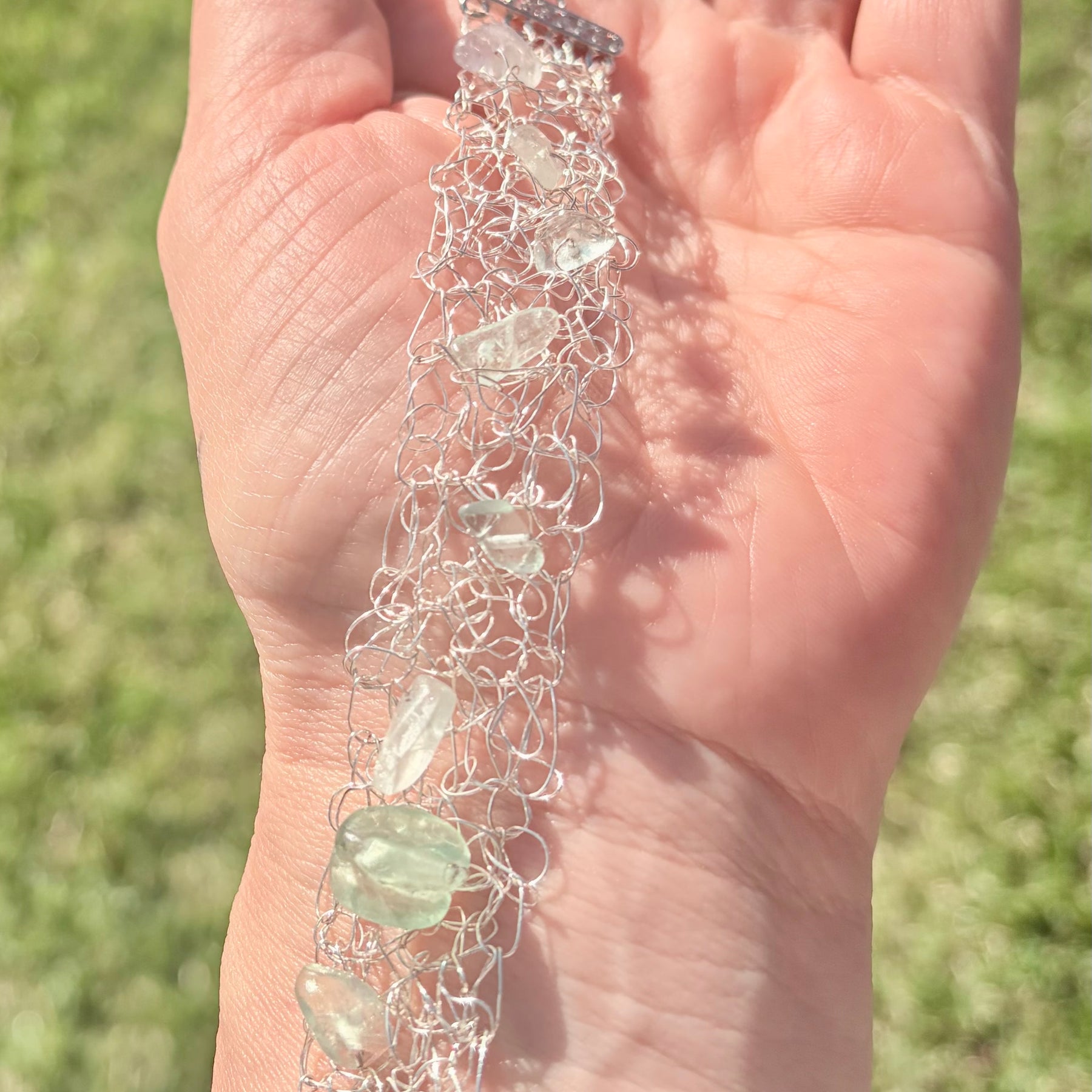 ✨FLUORITE WHISPER✨ Silver-blend crochet bracelet