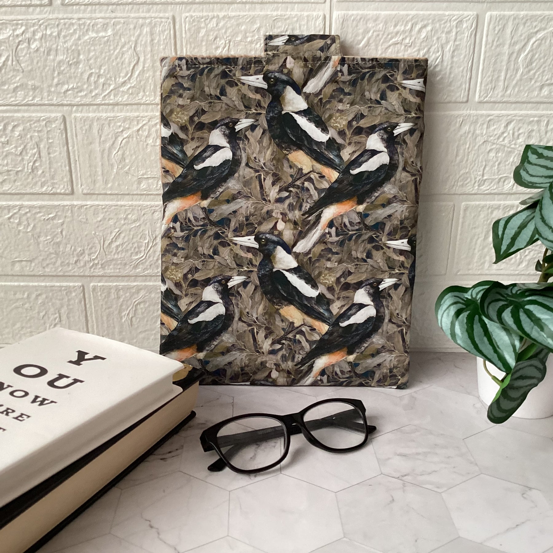 Australian magpies book sleeve with 2 pockets. iPad, tablet pouch
