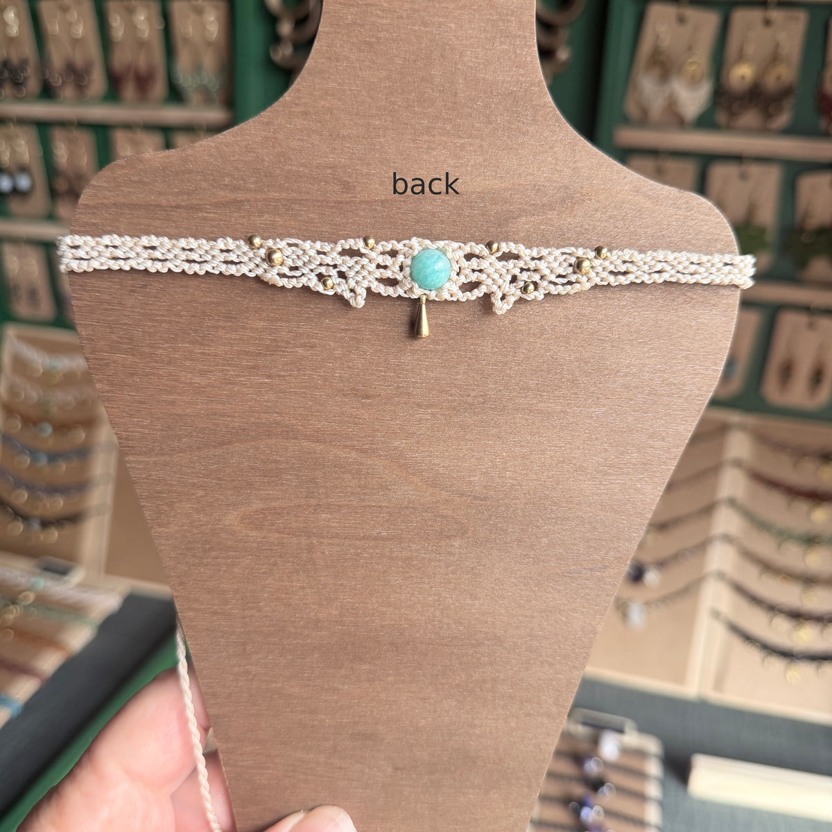 Macrame Filigree Choker with focal gemstone and solid brass drop.
