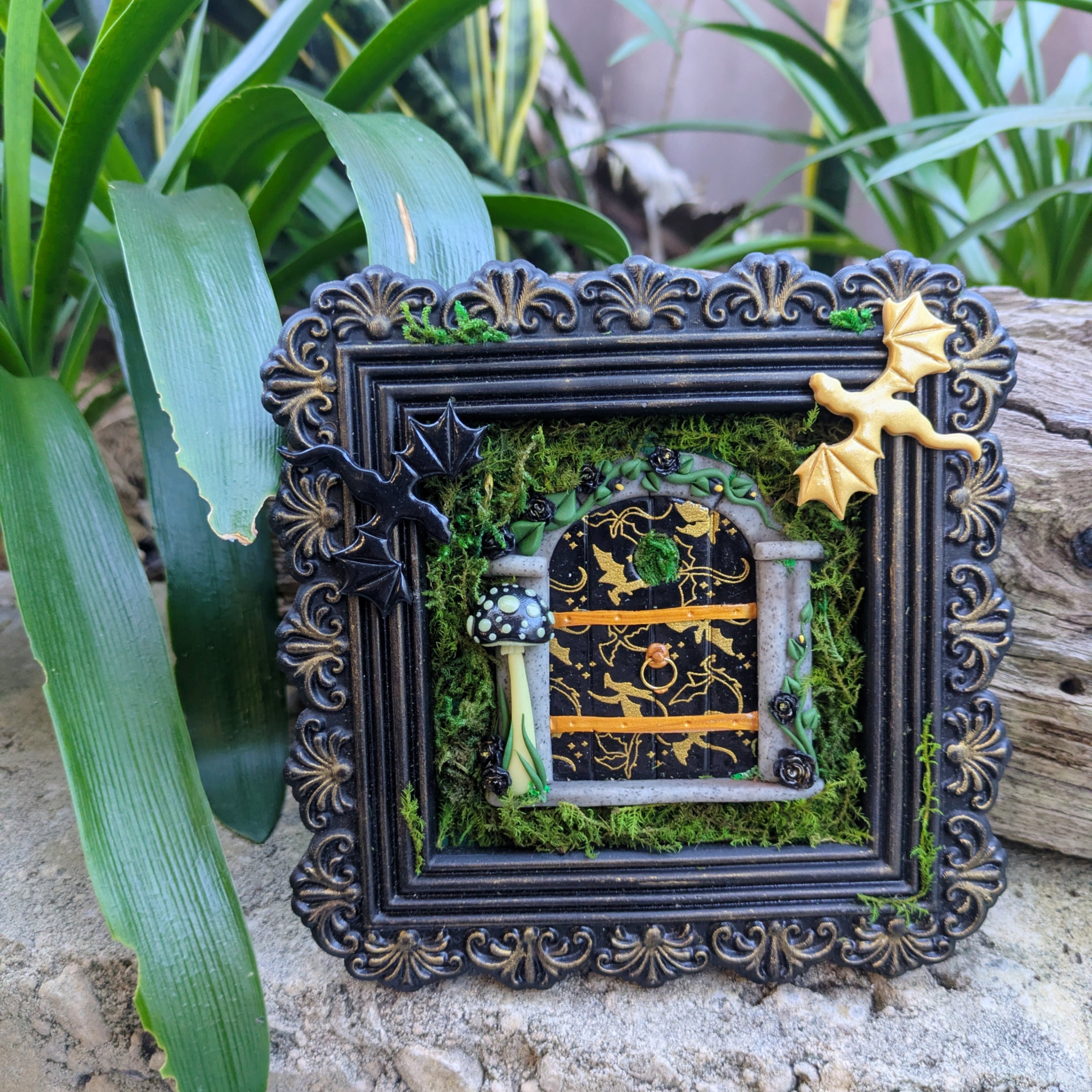 Empyrean Dragon Fairy Door – Hand Sculpted in Black & Gold Frame