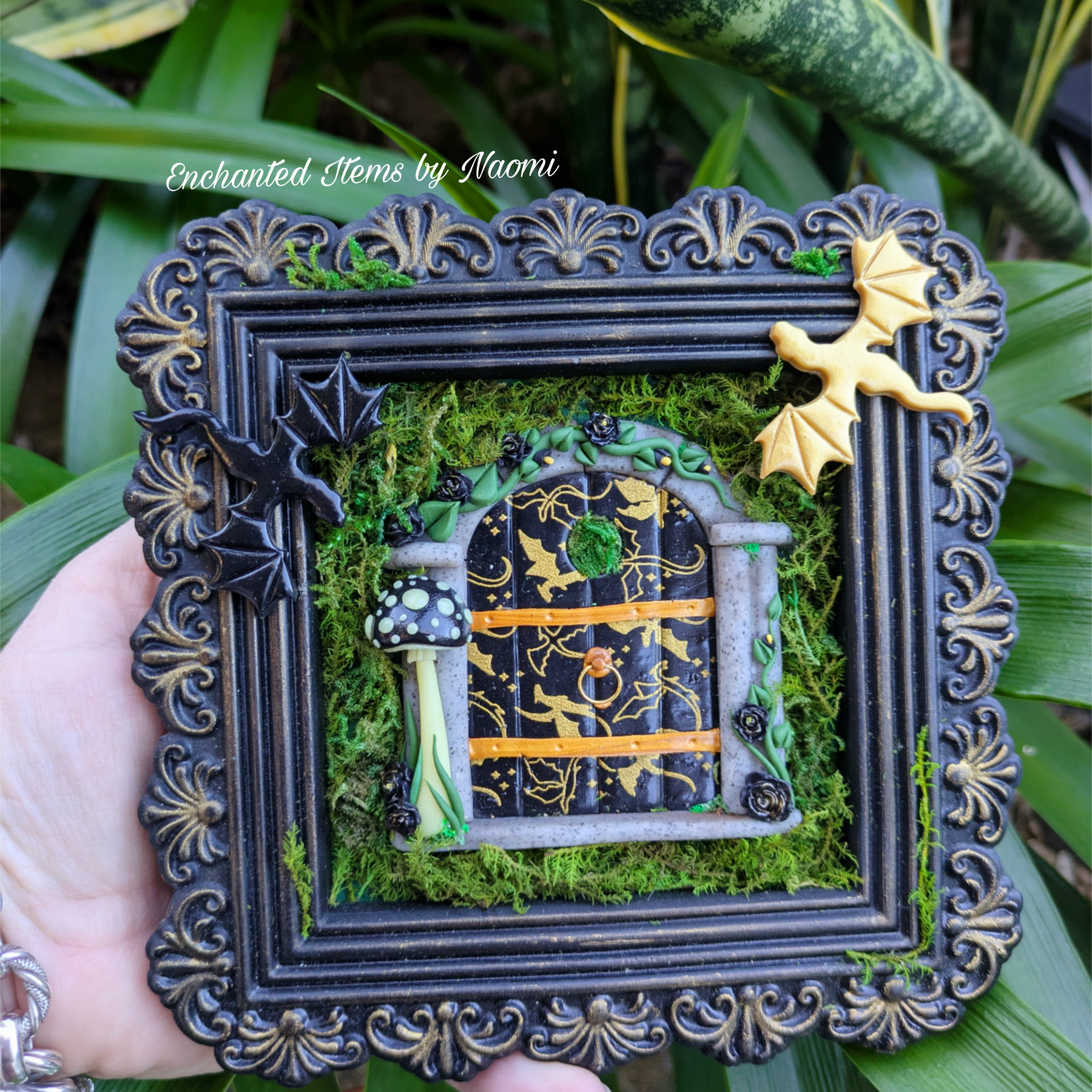Empyrean Dragon Fairy Door – Hand Sculpted in Black & Gold Frame