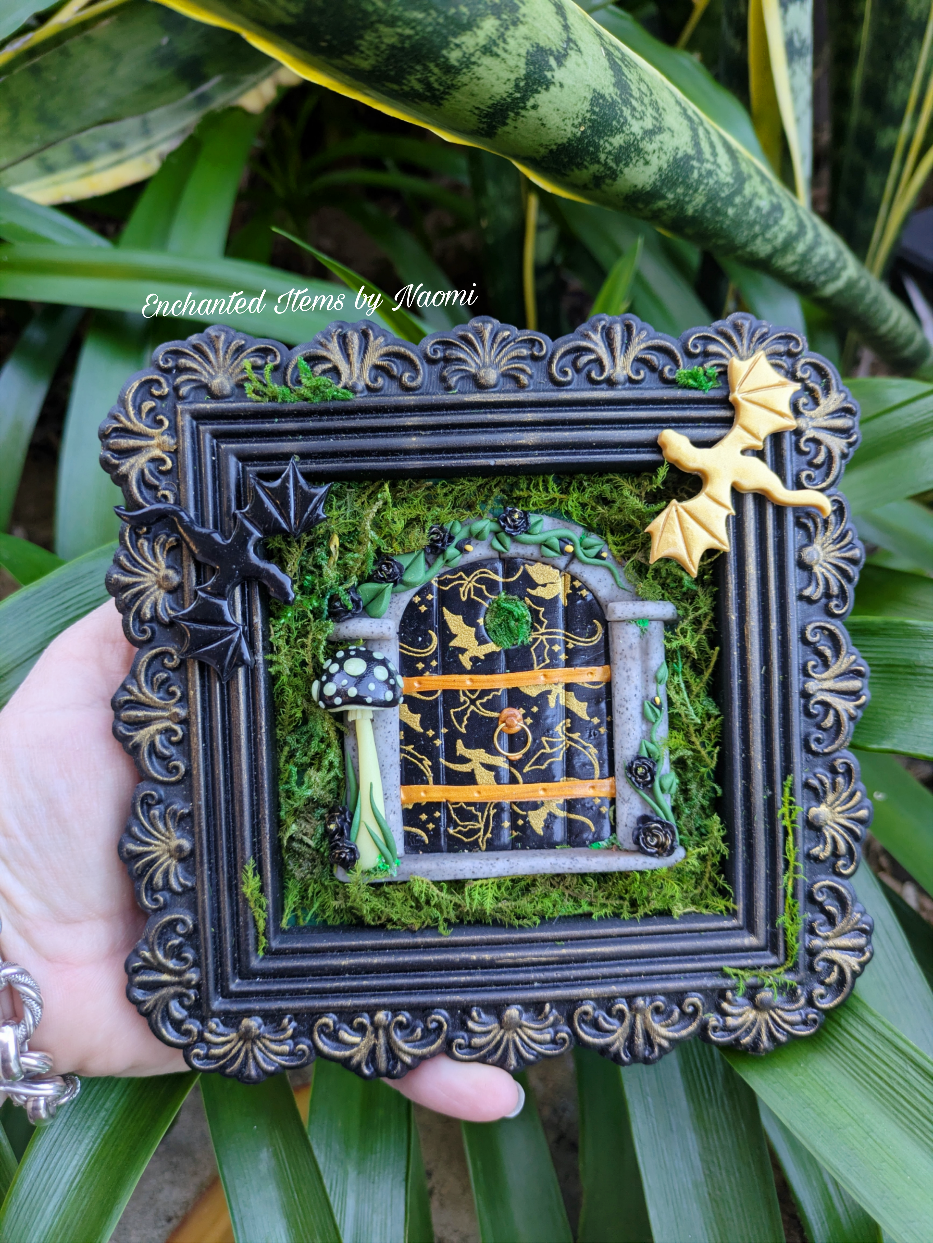 Empyrean Dragon Fairy Door – Hand Sculpted in Black & Gold Frame
