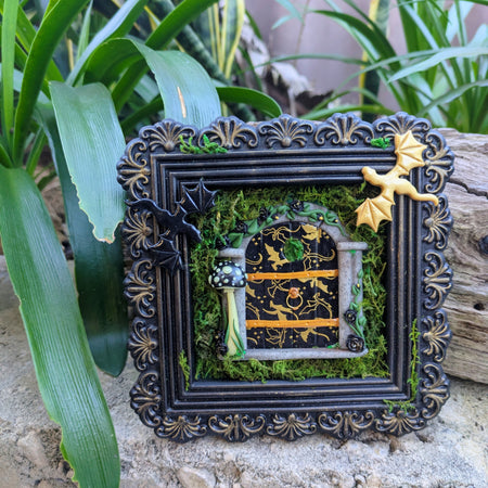 Empyrean Dragon Fairy Door – Hand Sculpted in Black & Gold Frame