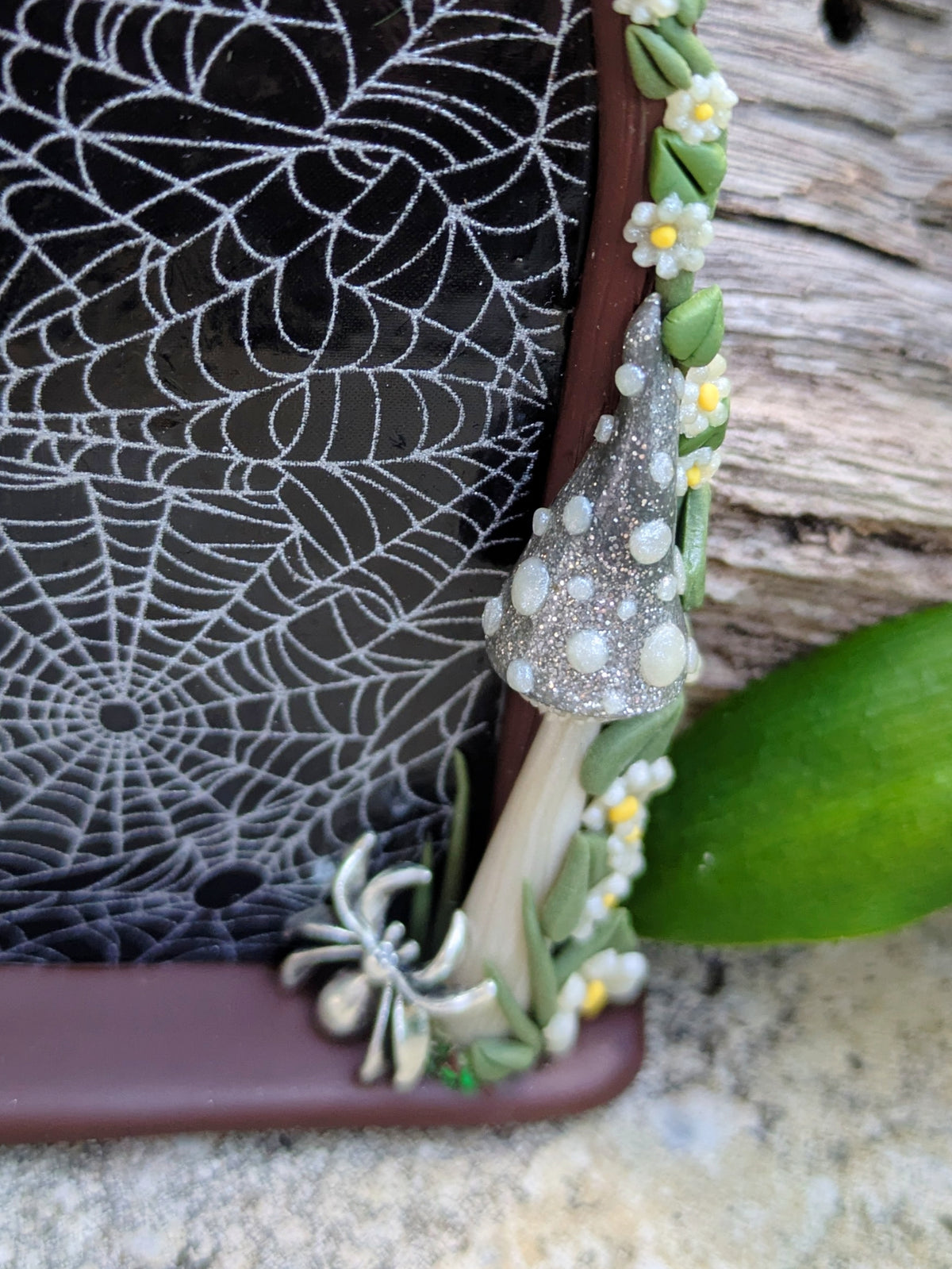 Spiderweb Forest Fairy door with glow in the dark mushrooms