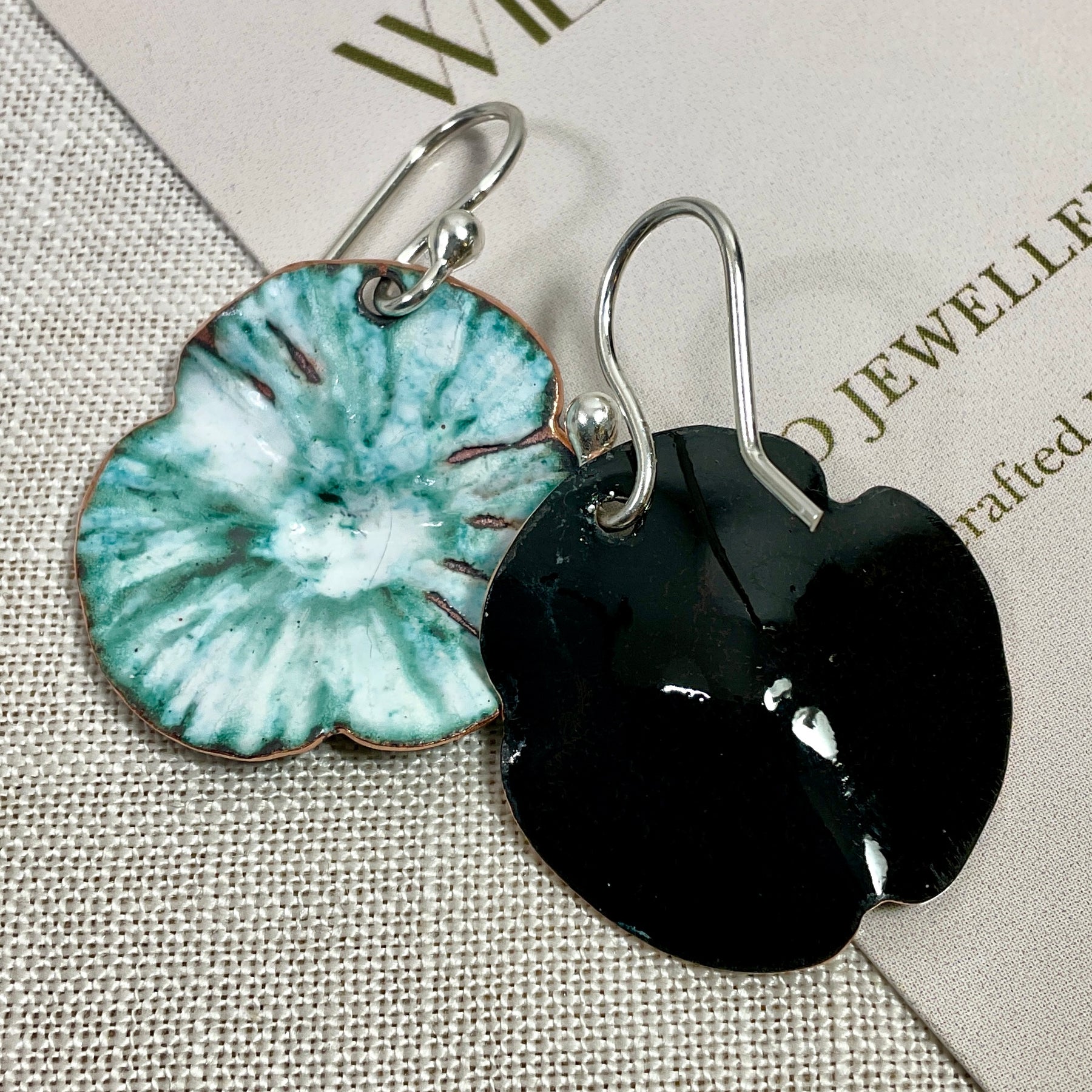 Teal and white flowers. Enamel earrings