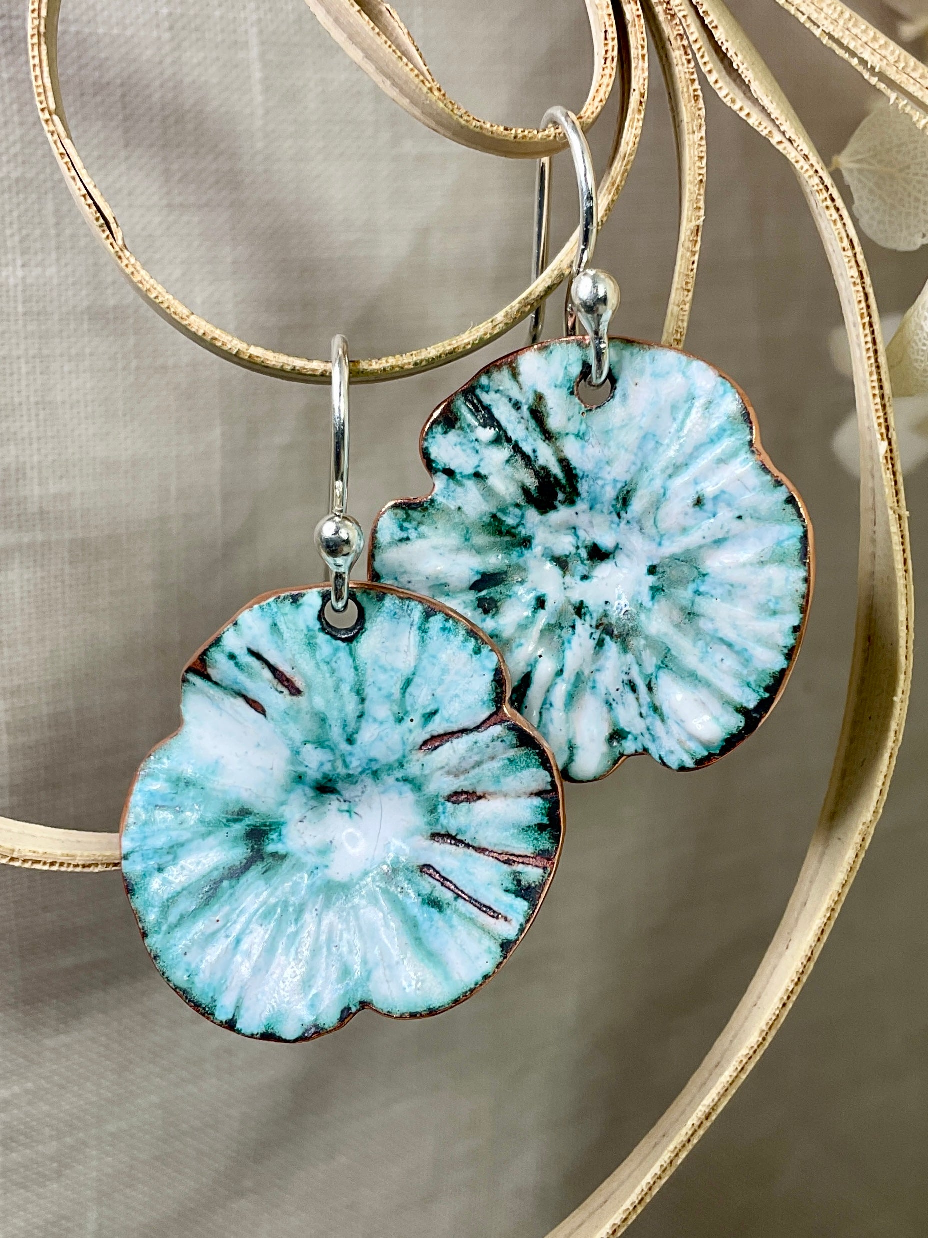Teal and white flowers. Enamel earrings