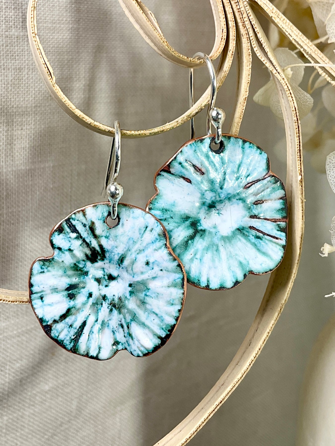 Teal and white flowers. Enamel earrings