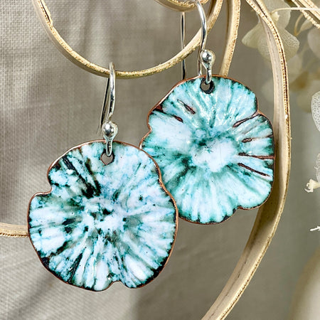 Teal and white flowers. Enamel earrings